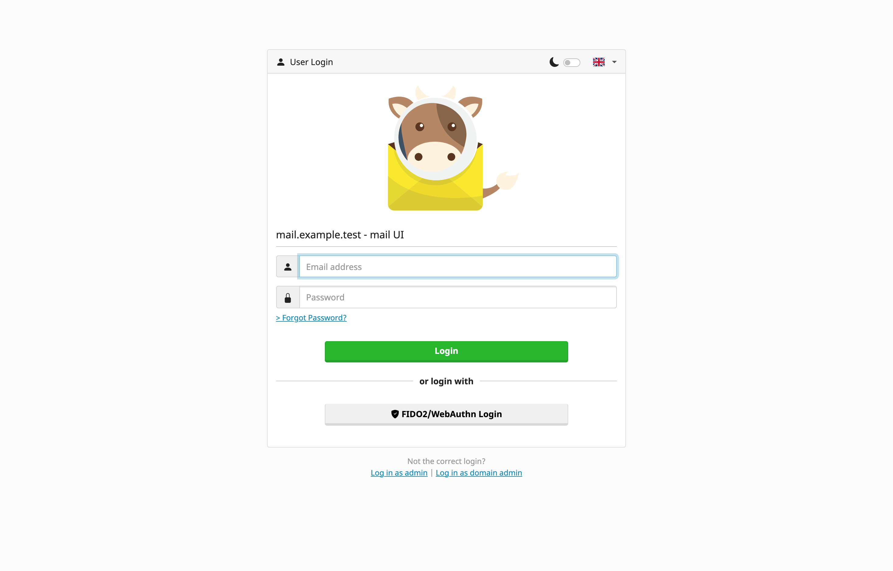 Mailcow admin UI loaded in a browser