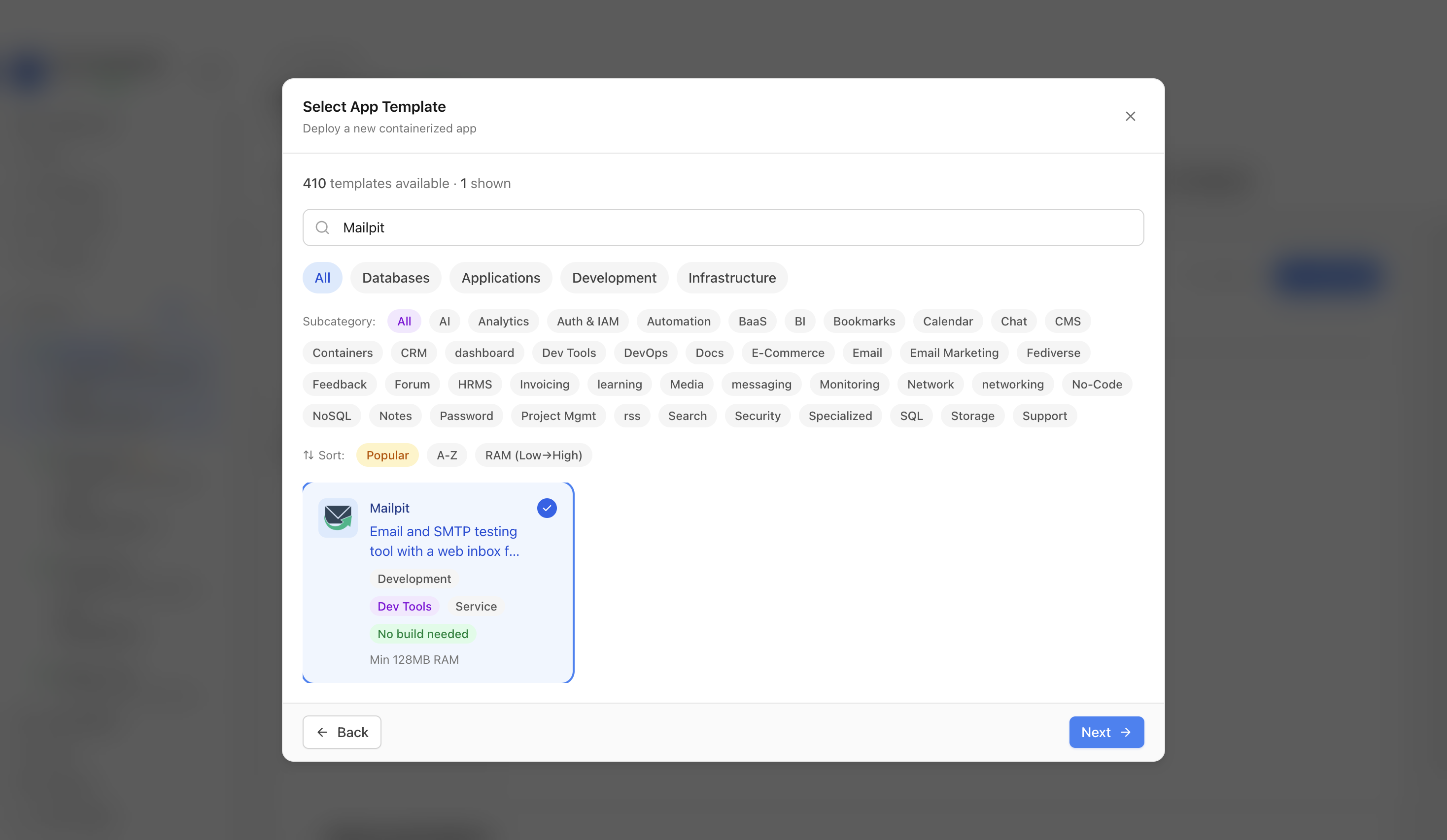 Mailpit template selected in Server Compass