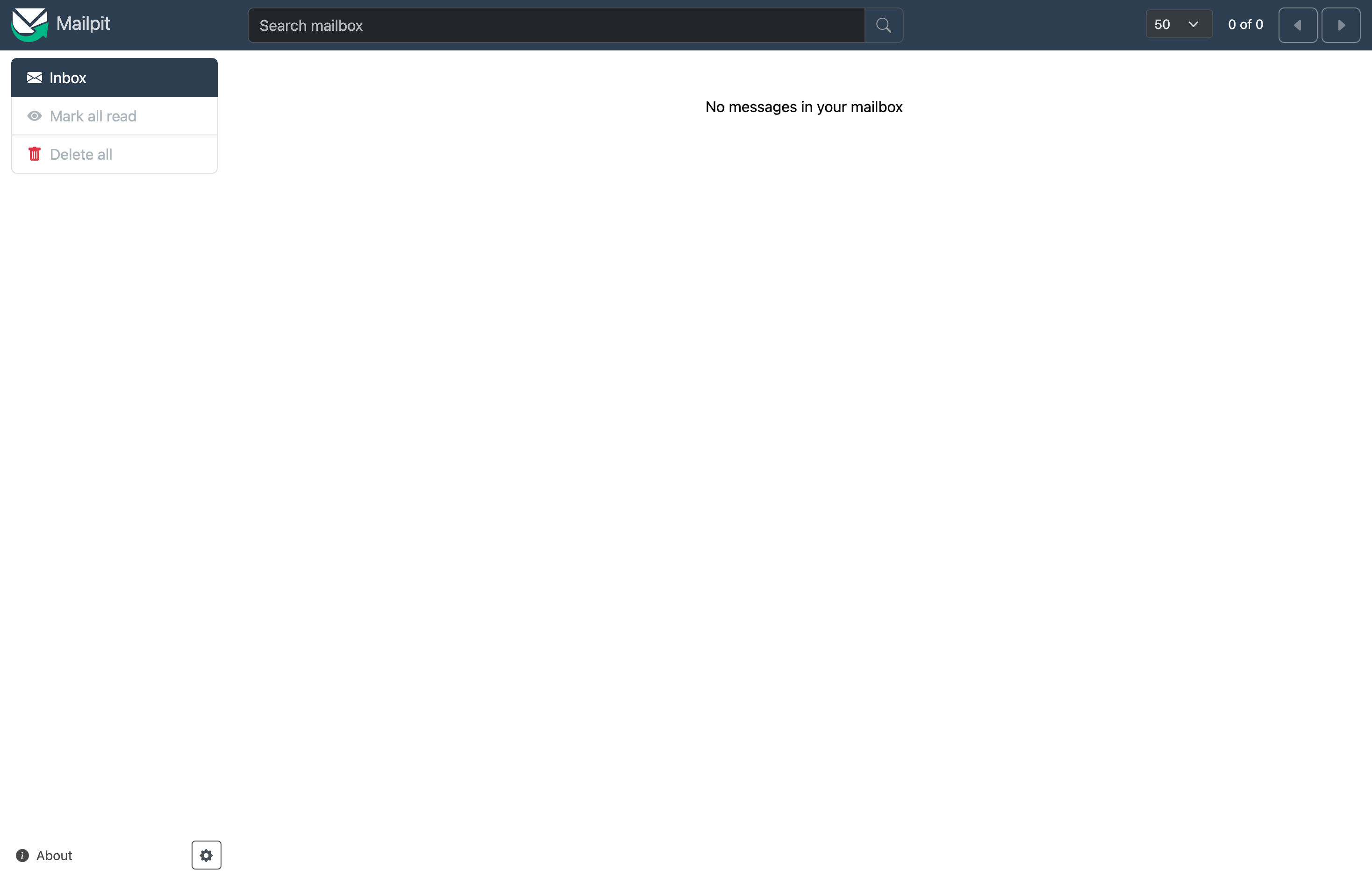 The deployed Mailpit web UI loaded in a browser