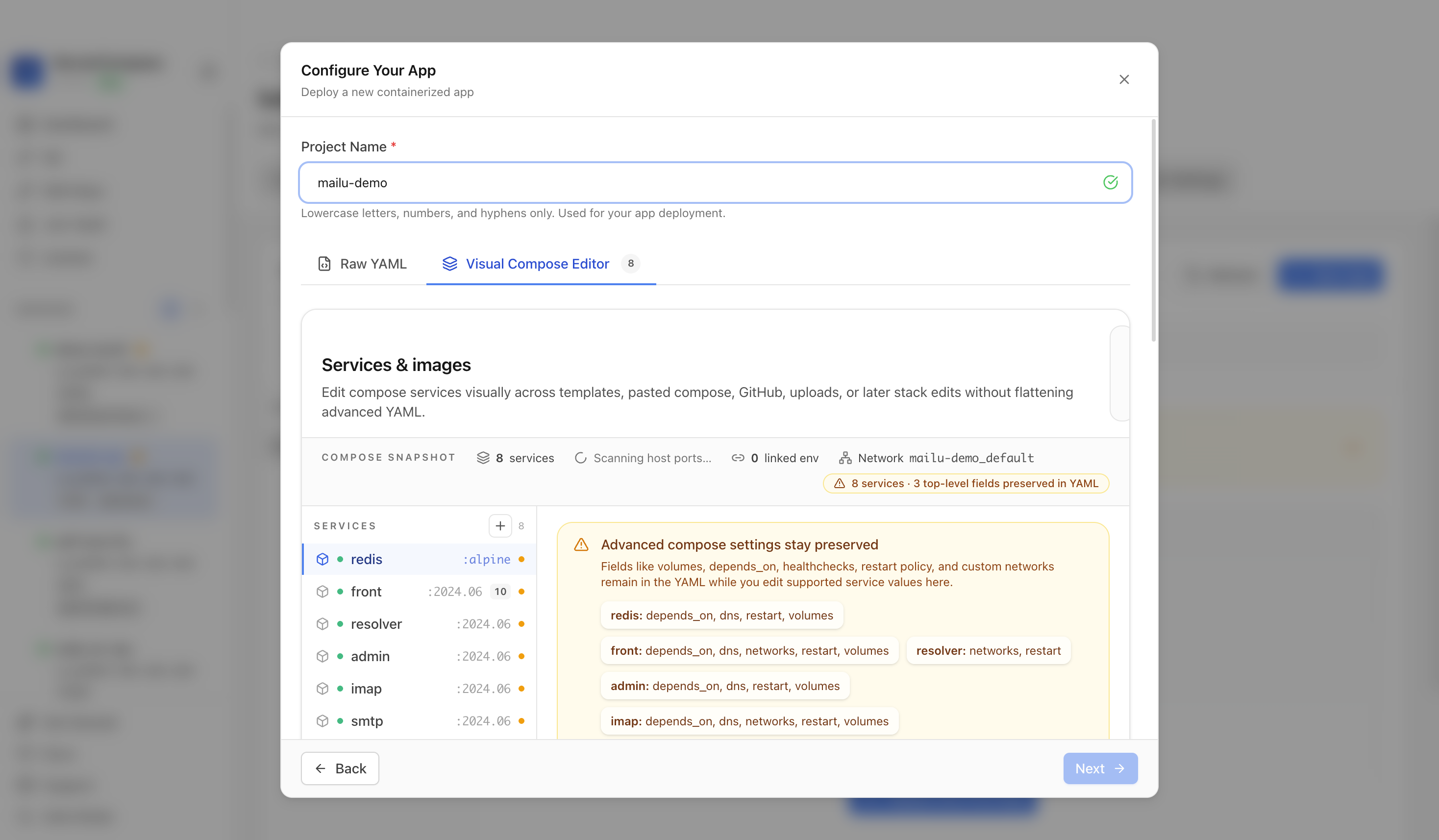 Reviewing Mailu project settings and compose service