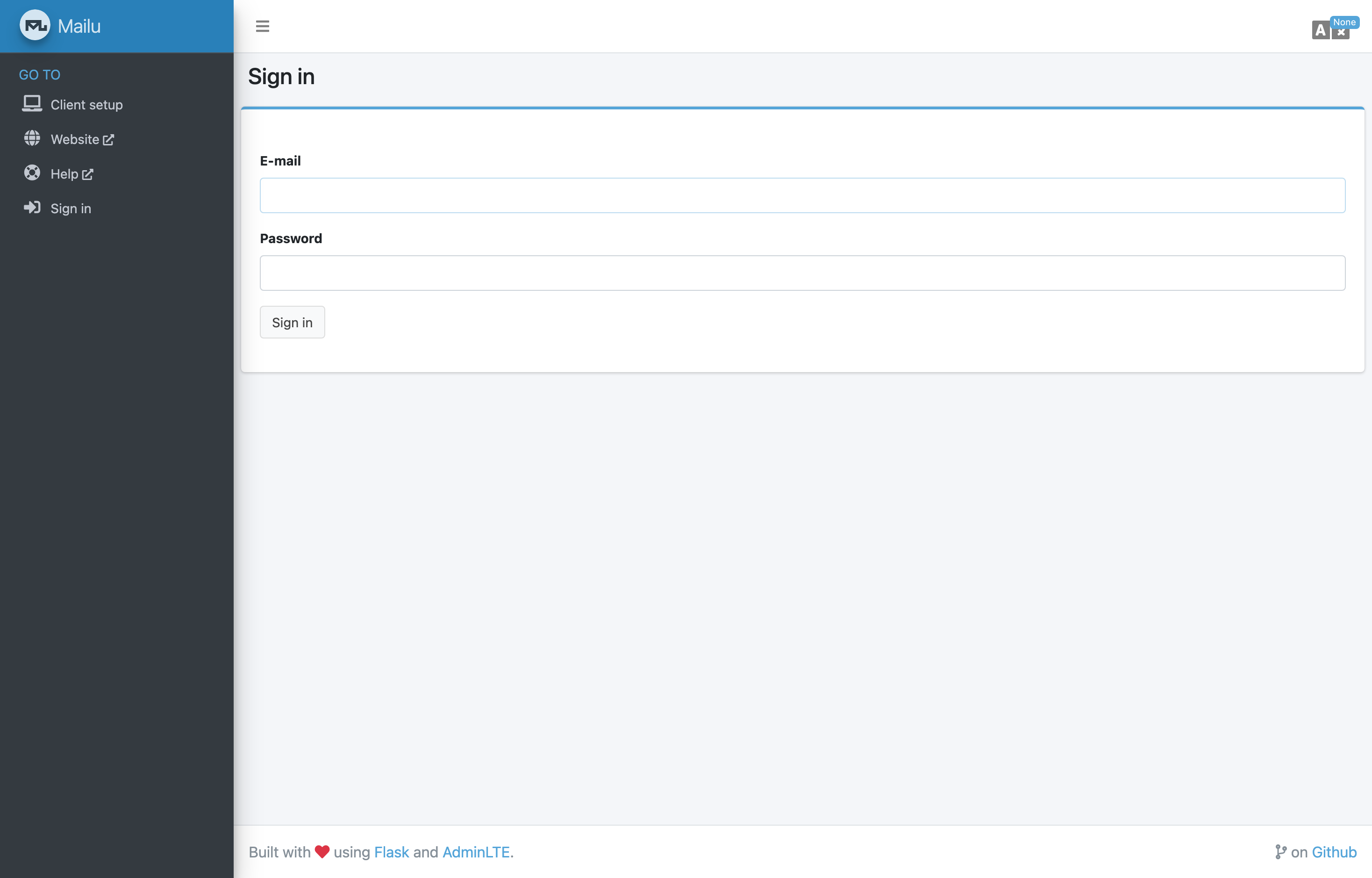 Mailu admin UI loaded in a browser