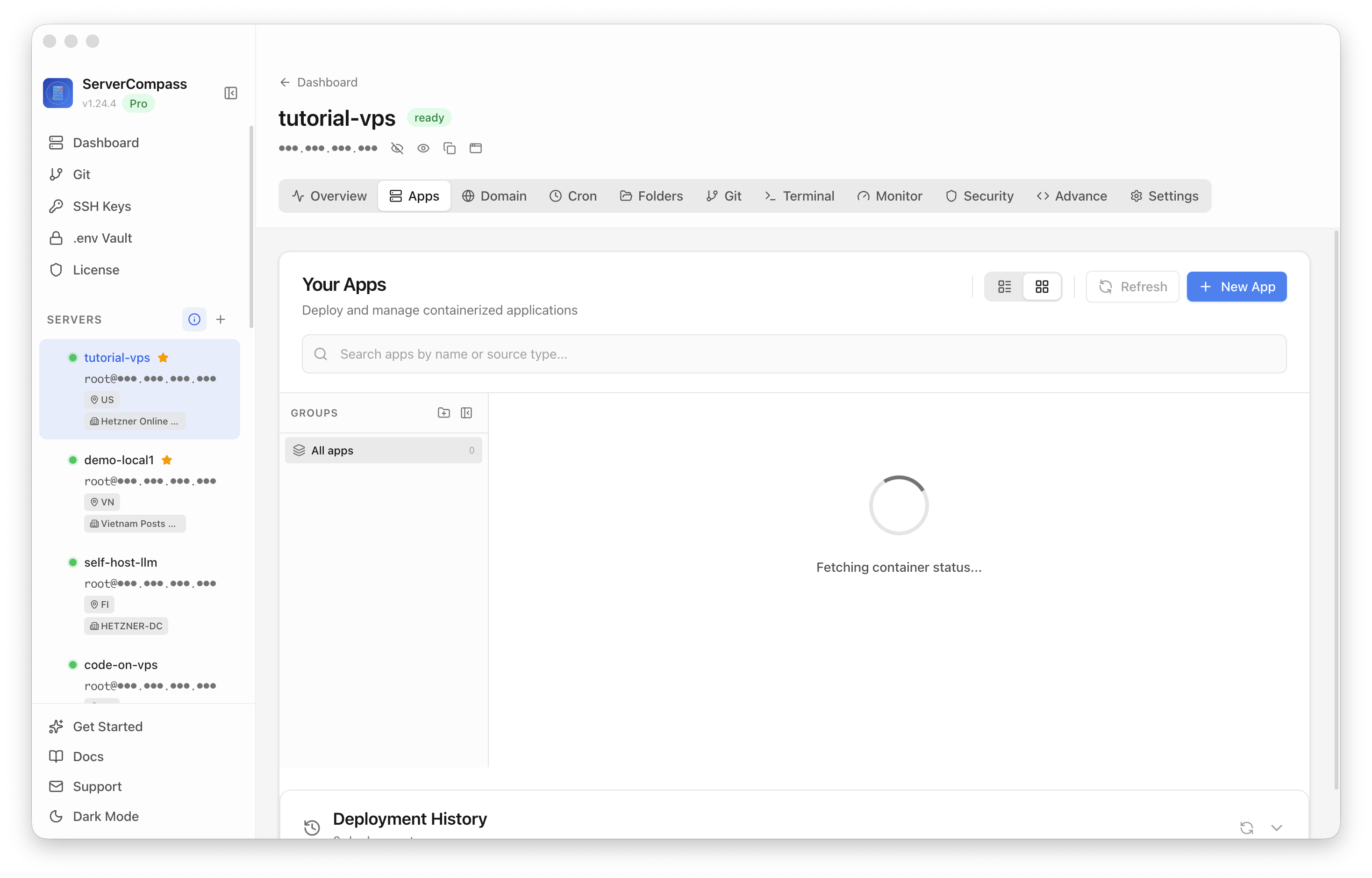 Server Compass Apps tab before creating a MariaDB app