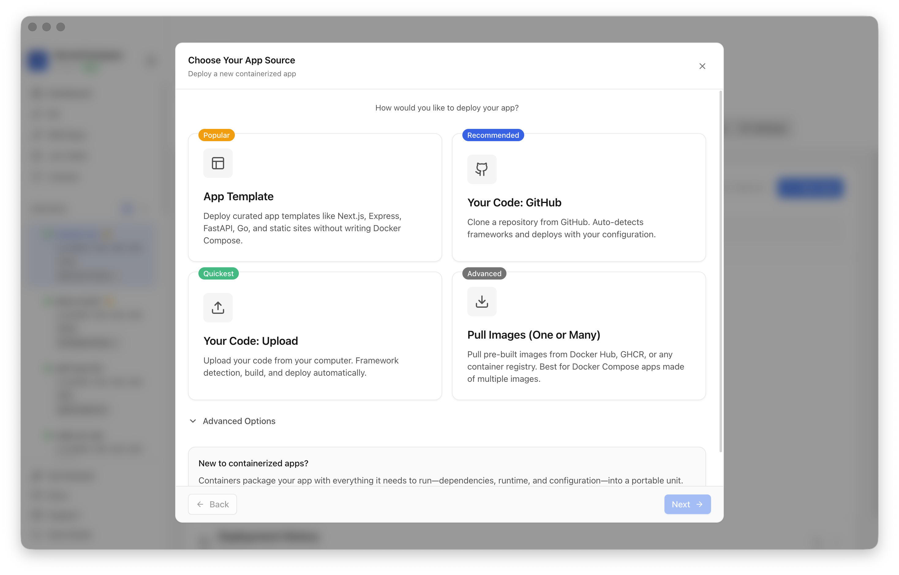 Choosing to deploy an app from a Server Compass template