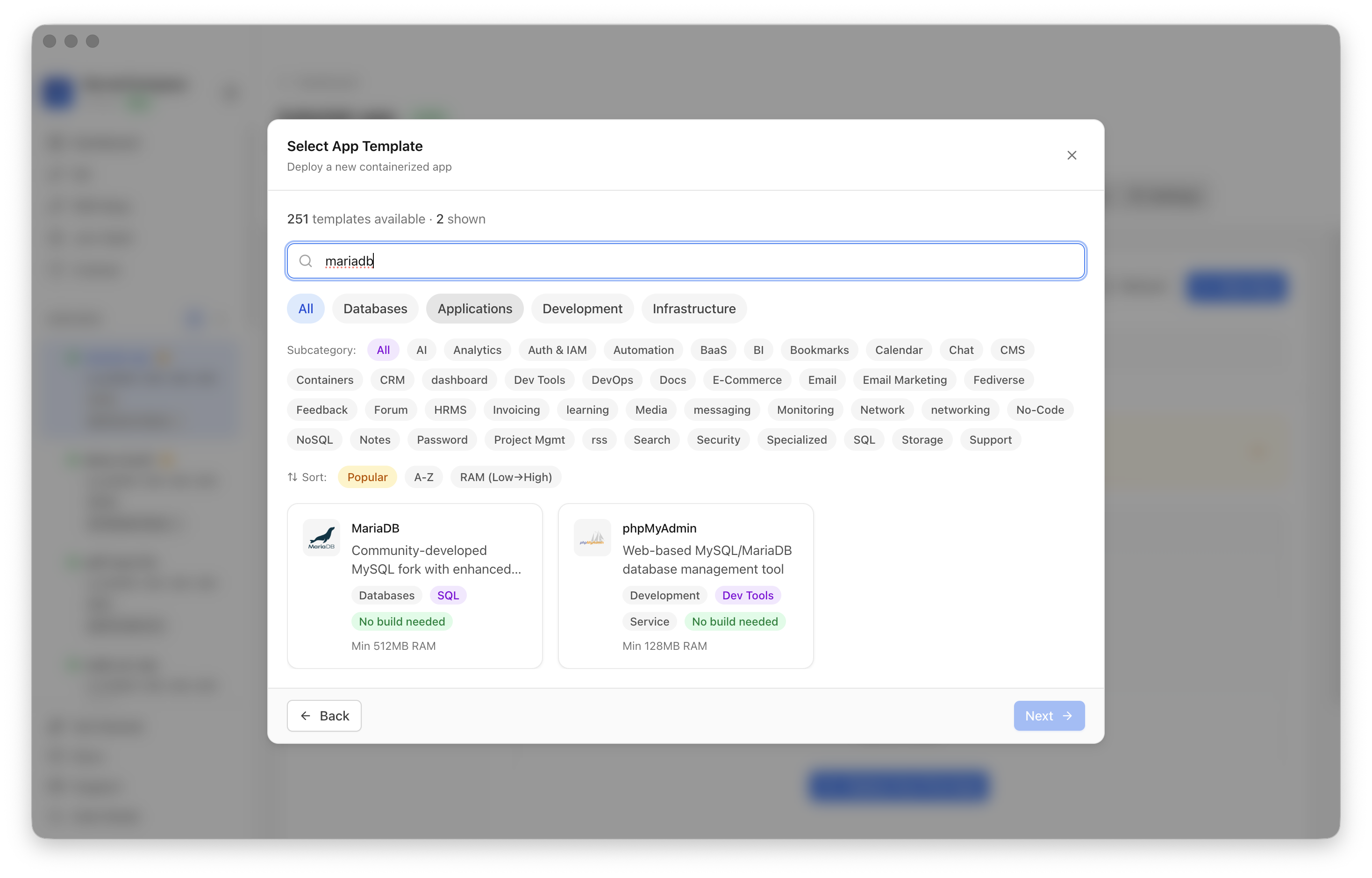 Searching for MariaDB in the Server Compass template picker
