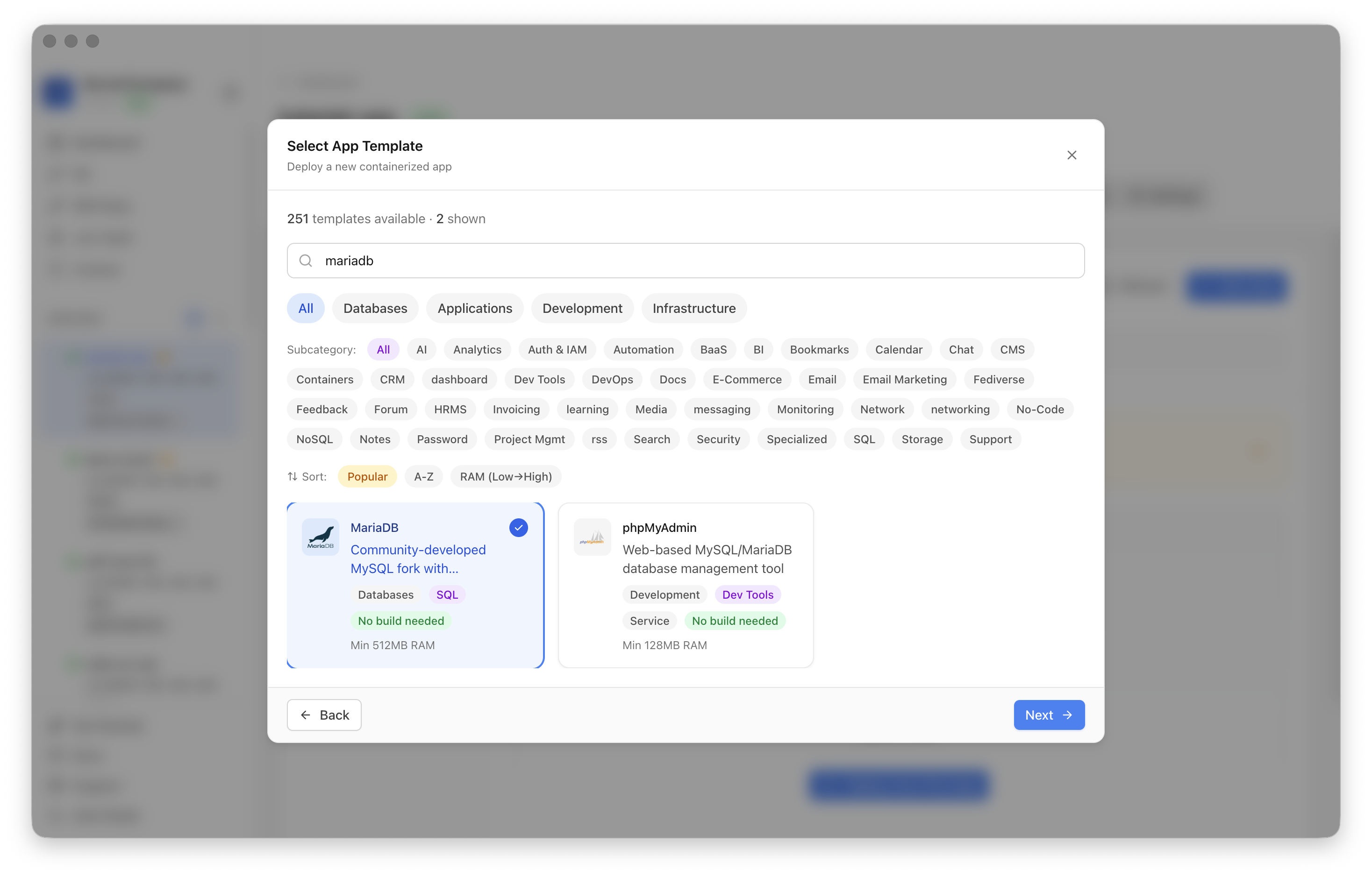 MariaDB template selected in Server Compass