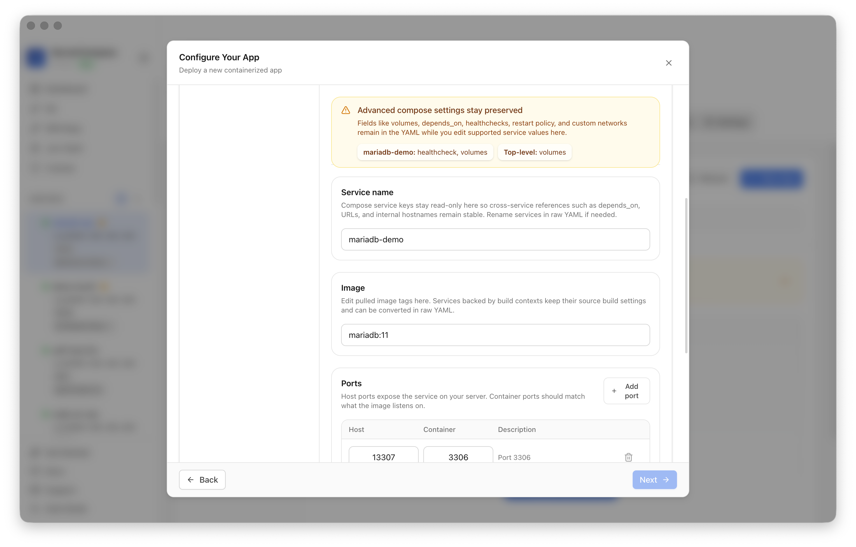 Reviewing MariaDB deployment settings and generated credentials