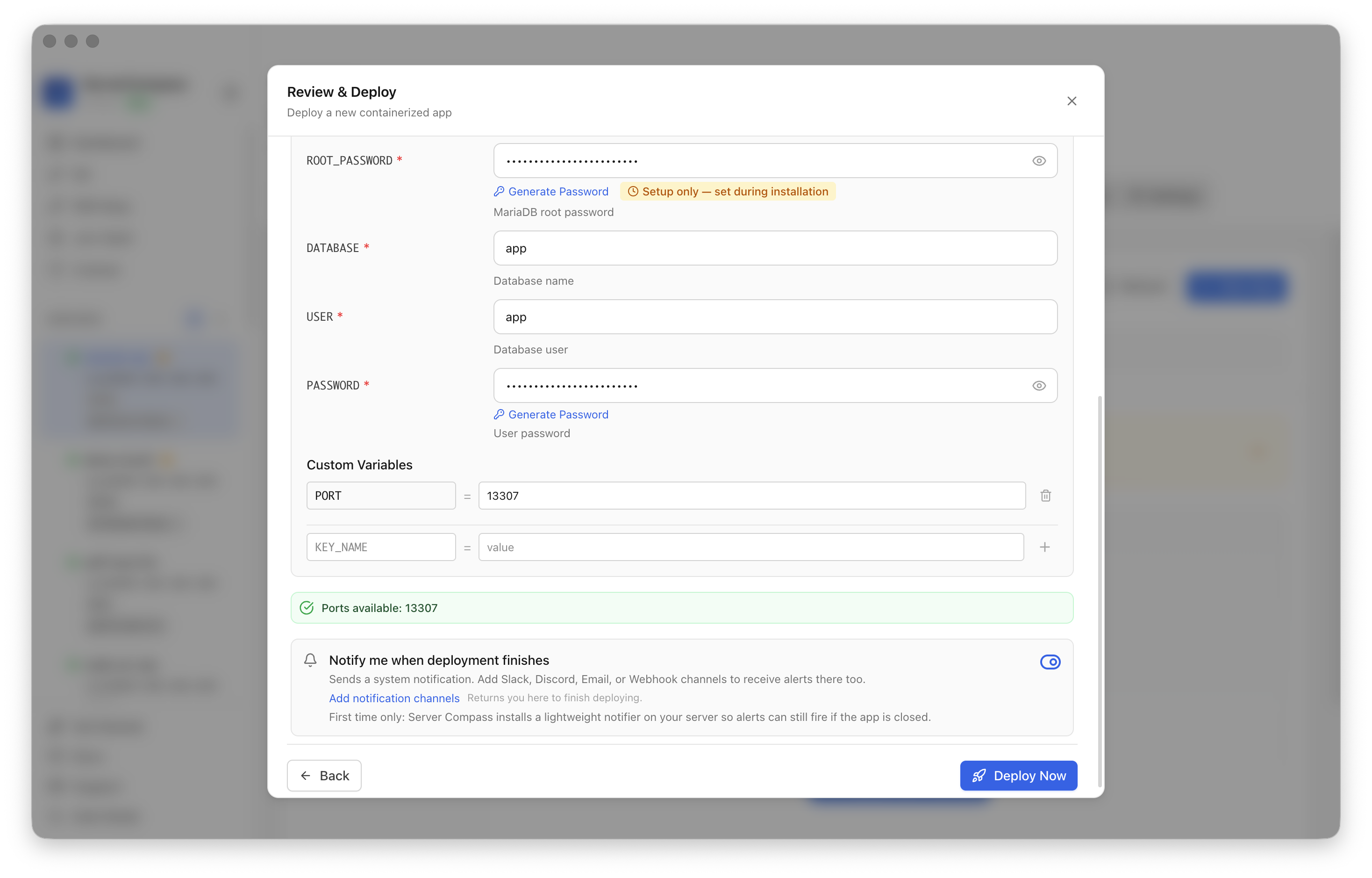 Reviewing MariaDB settings before clicking Deploy Now