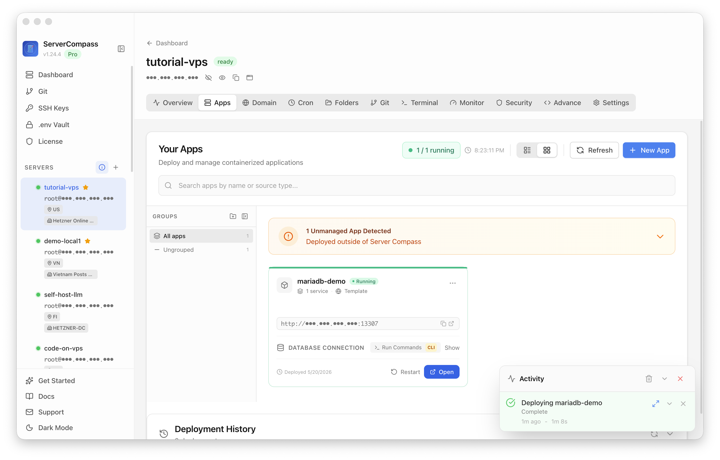 MariaDB template running in the Server Compass Apps tab