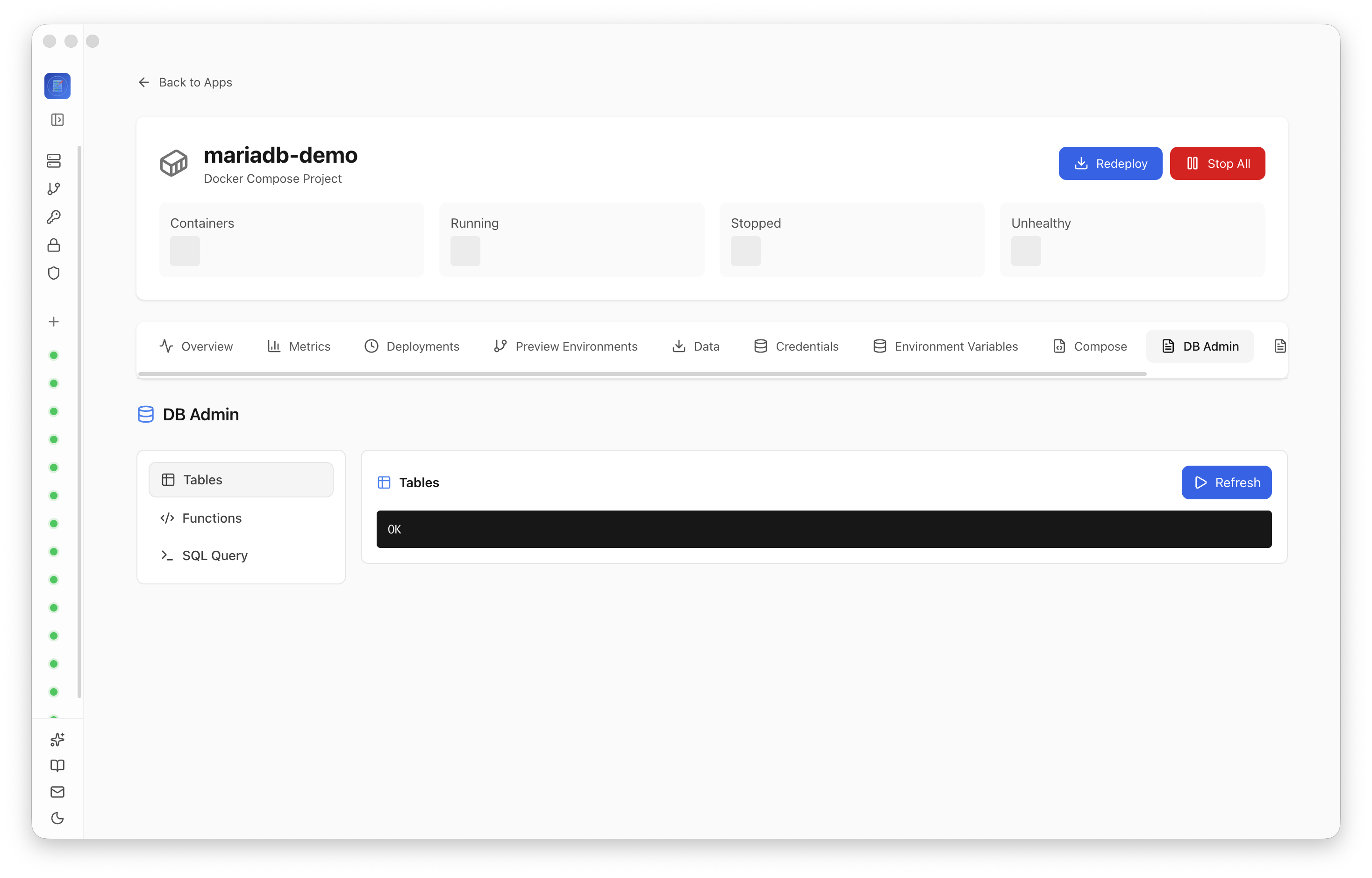MariaDB DB Admin page showing the deployed database is reachable