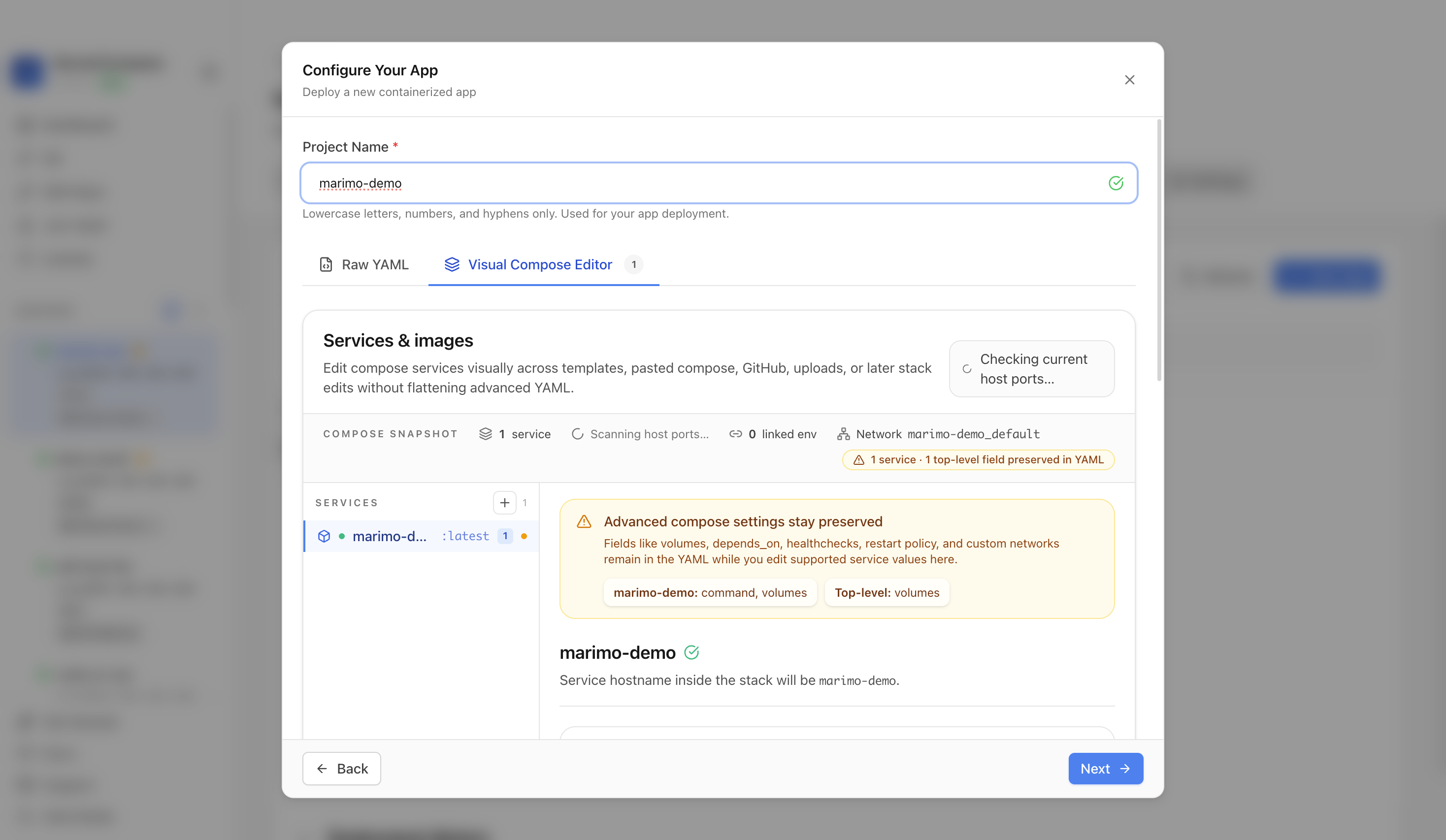 Reviewing Marimo project settings and compose service