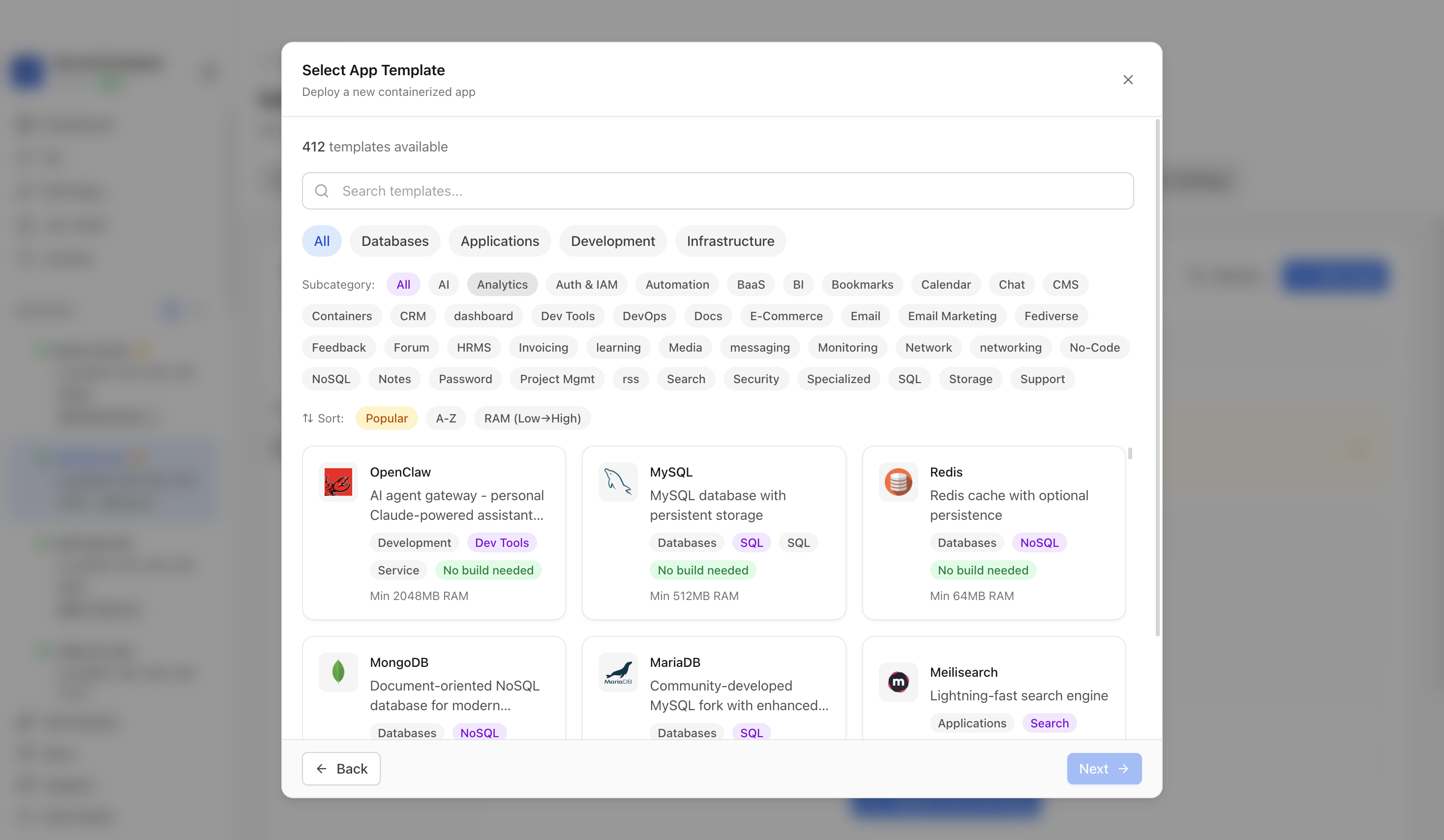 Choosing to deploy an app from a Server Compass template