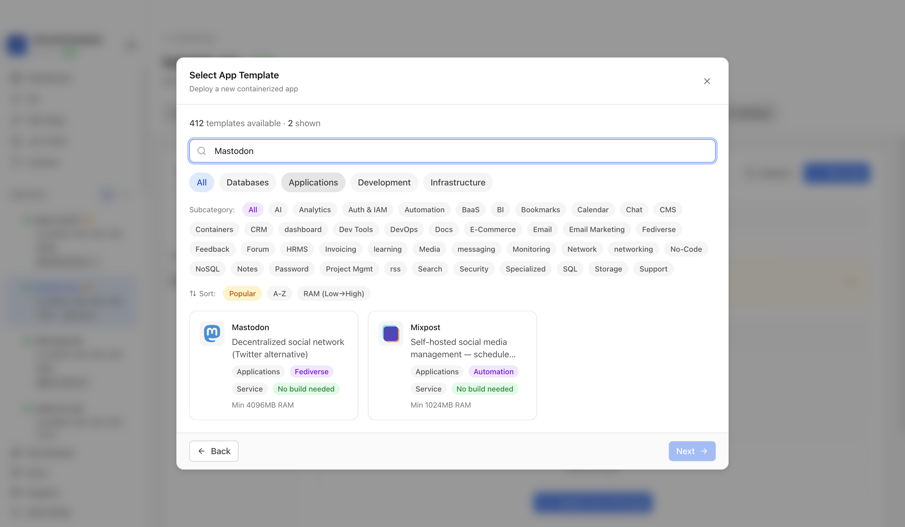 Searching for Mastodon in the Server Compass template picker