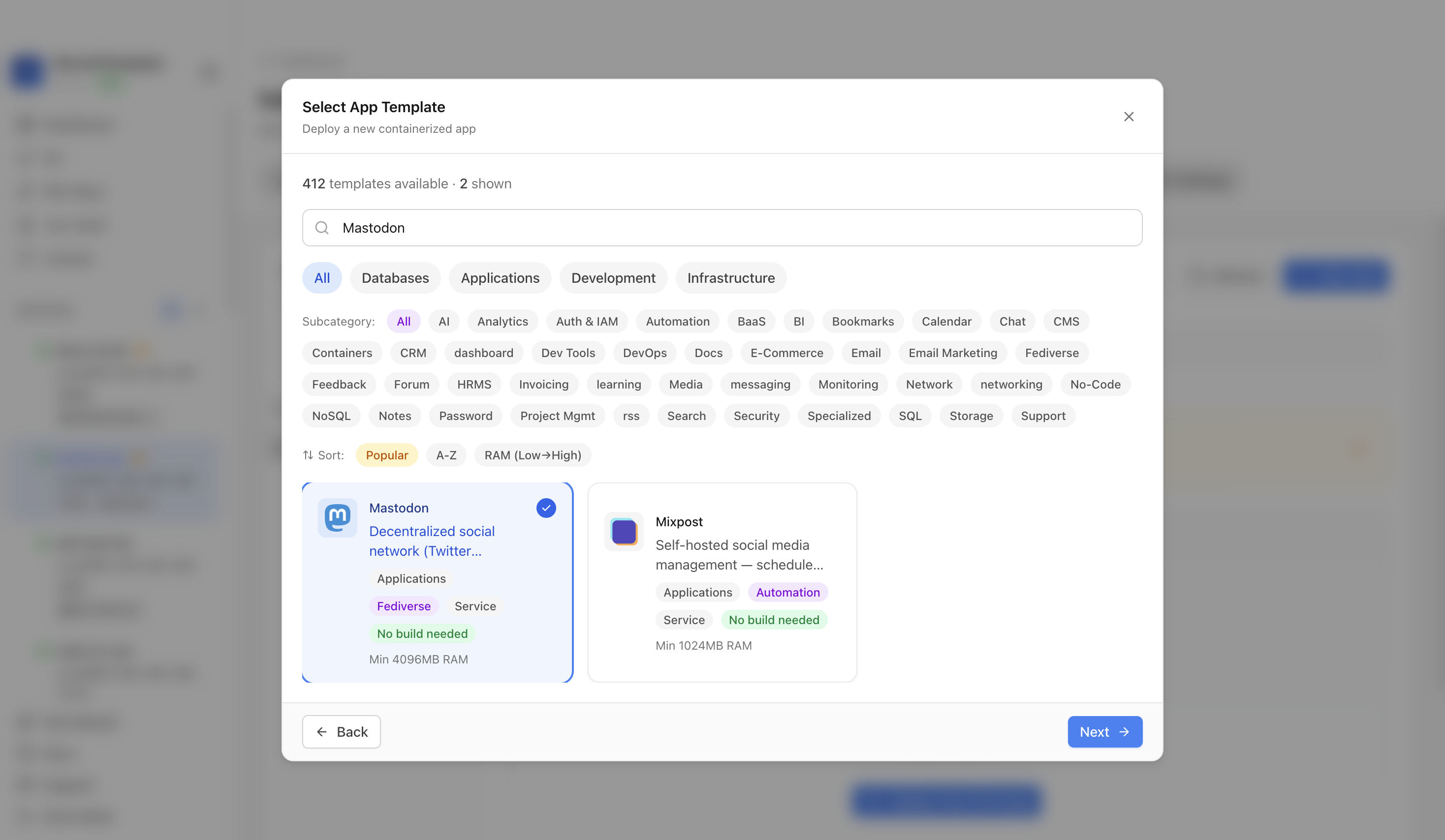 Mastodon template selected in Server Compass