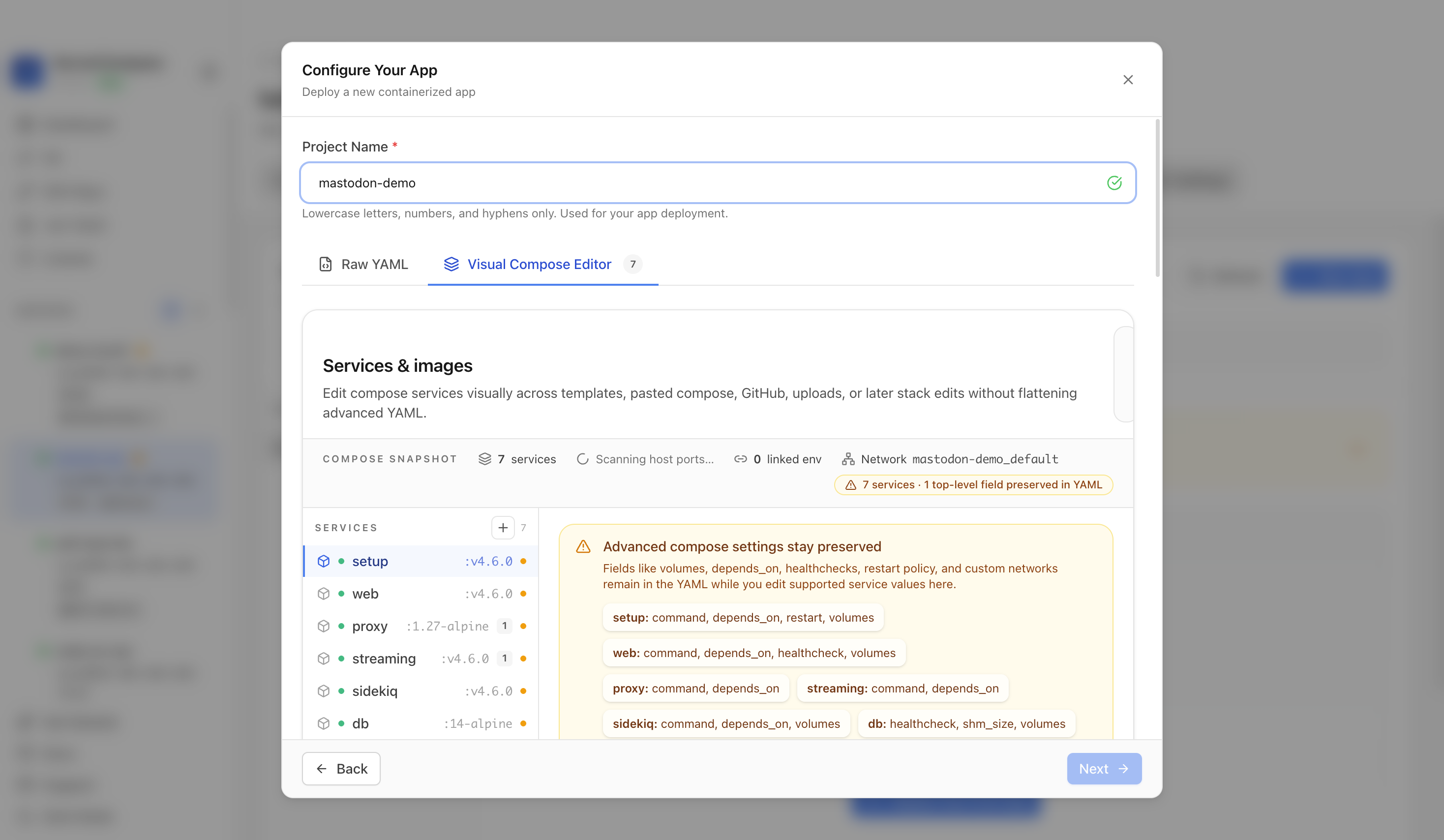 Reviewing Mastodon project settings and compose services