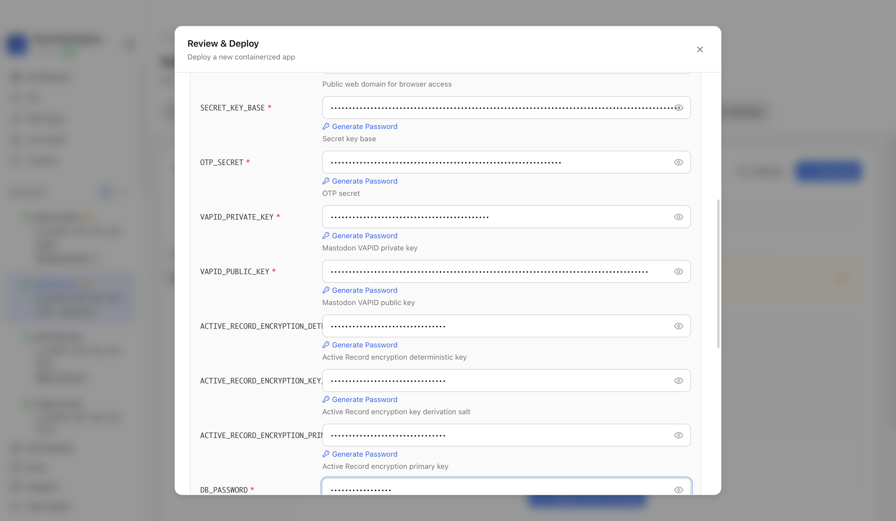 Reviewing Mastodon domain, secret, and port settings before deployment