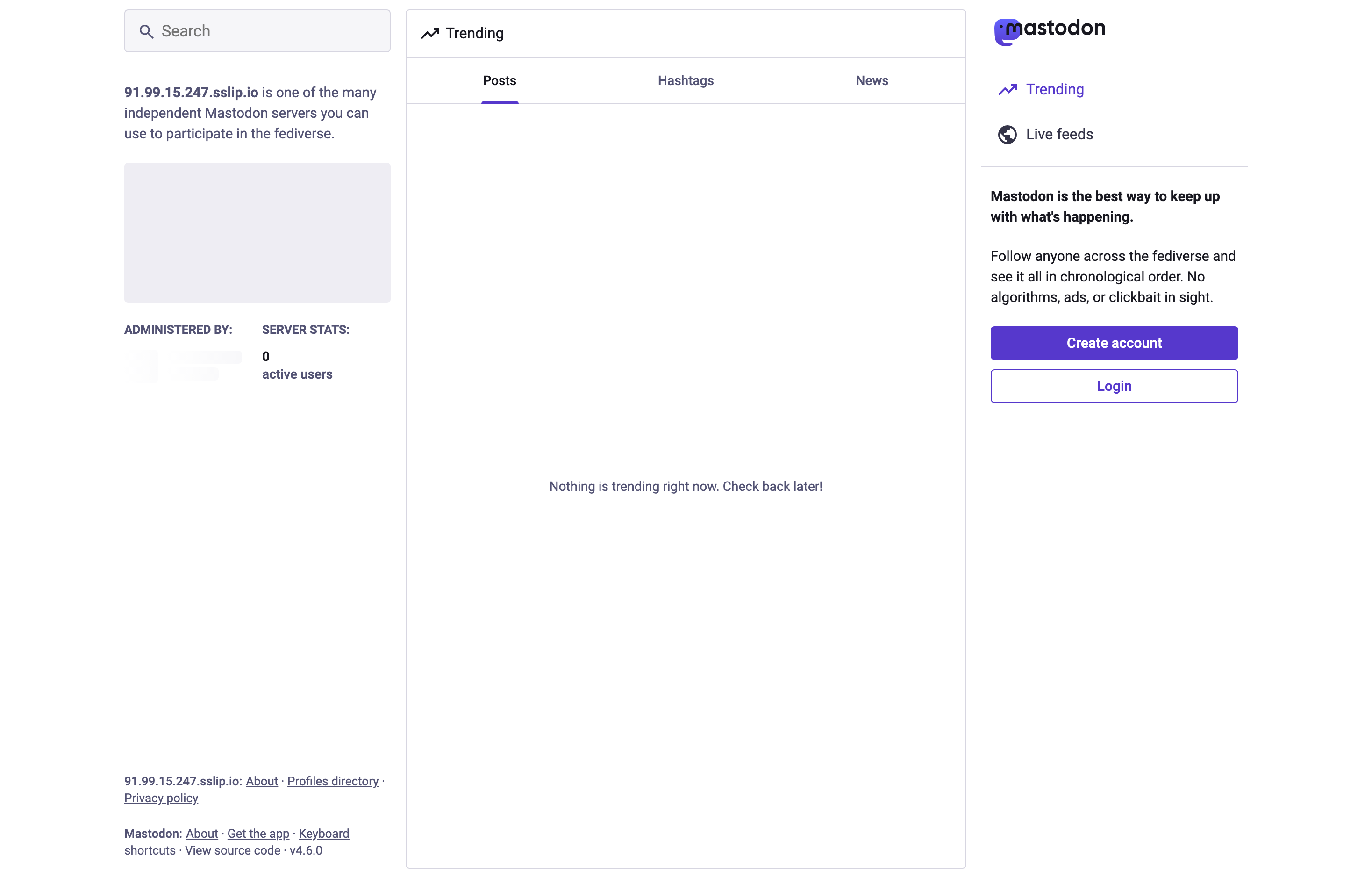 The deployed Mastodon web UI loaded in a browser