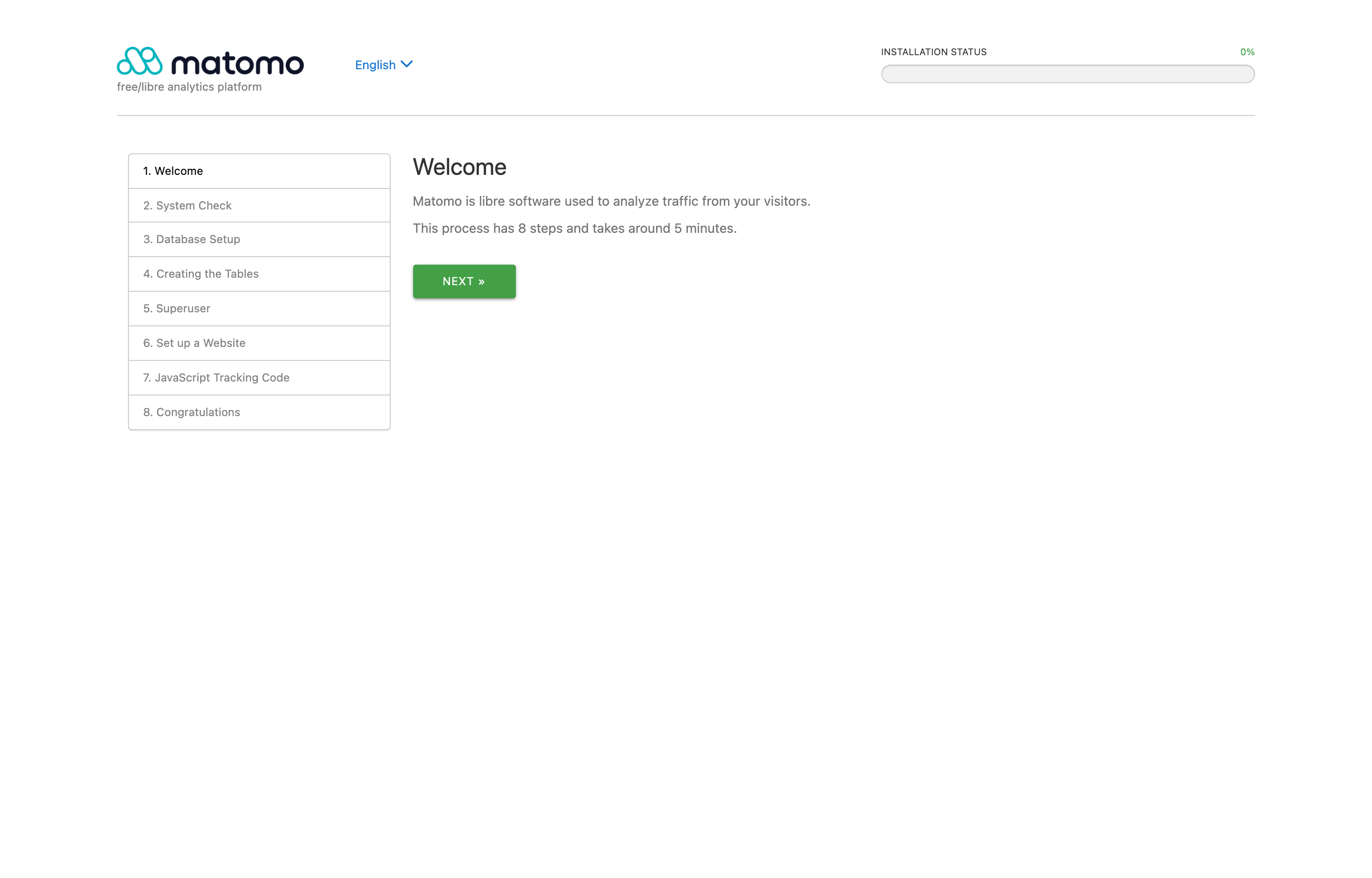 The deployed Matomo web UI loaded in a browser
