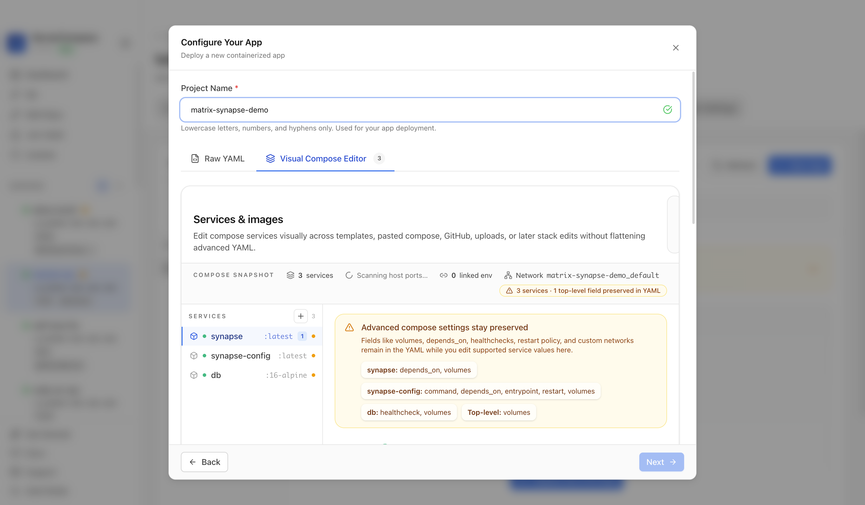 Reviewing Matrix Synapse project settings and compose services