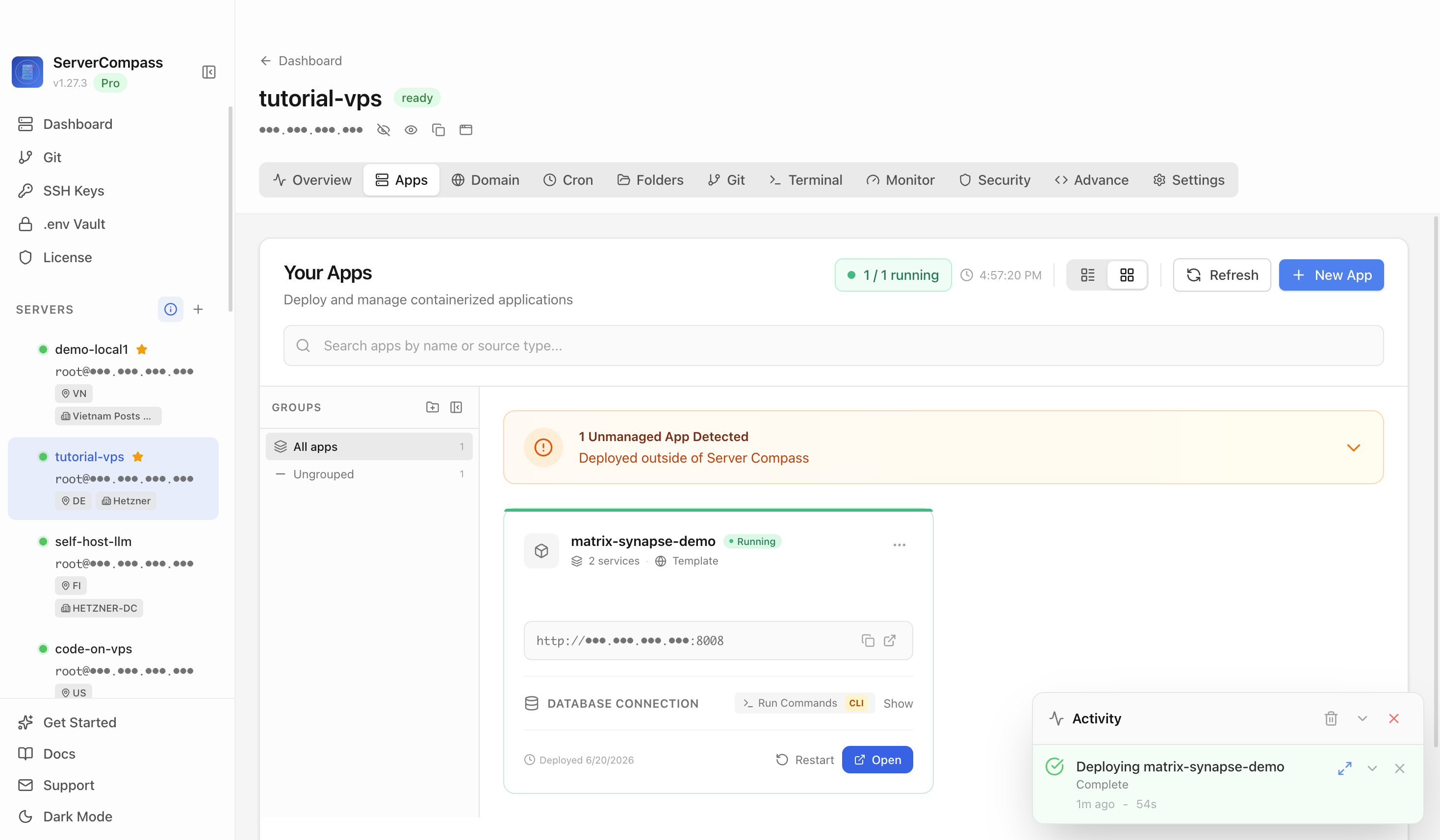 Matrix Synapse template running in the Server Compass Apps tab
