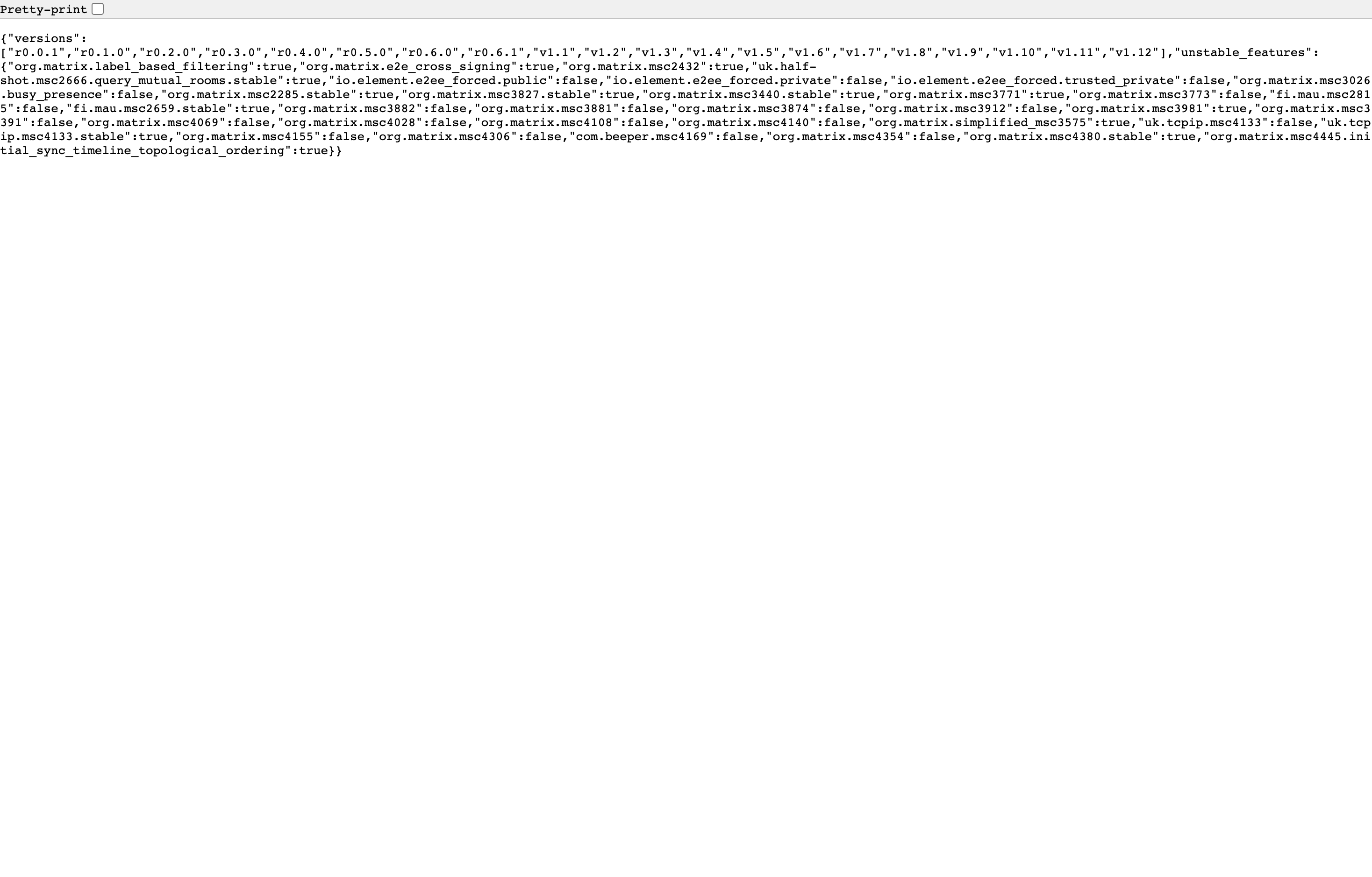 The deployed Matrix Synapse client versions endpoint loaded in a browser