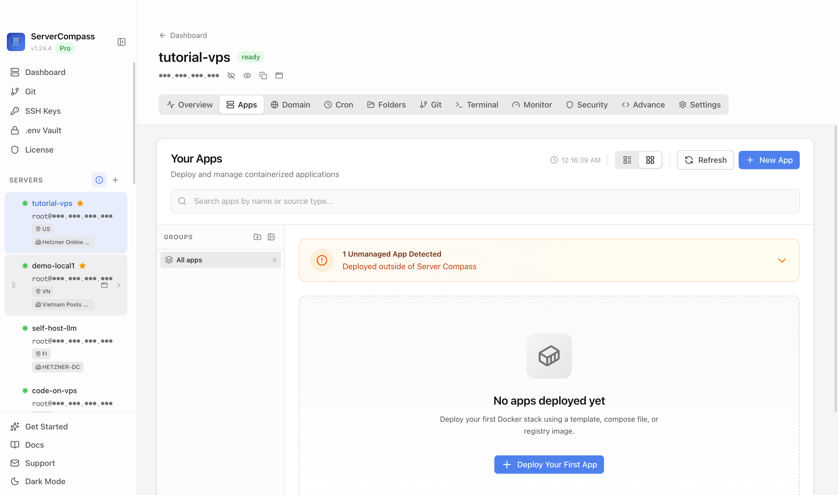 Server Compass Apps tab before creating a Mattermost app