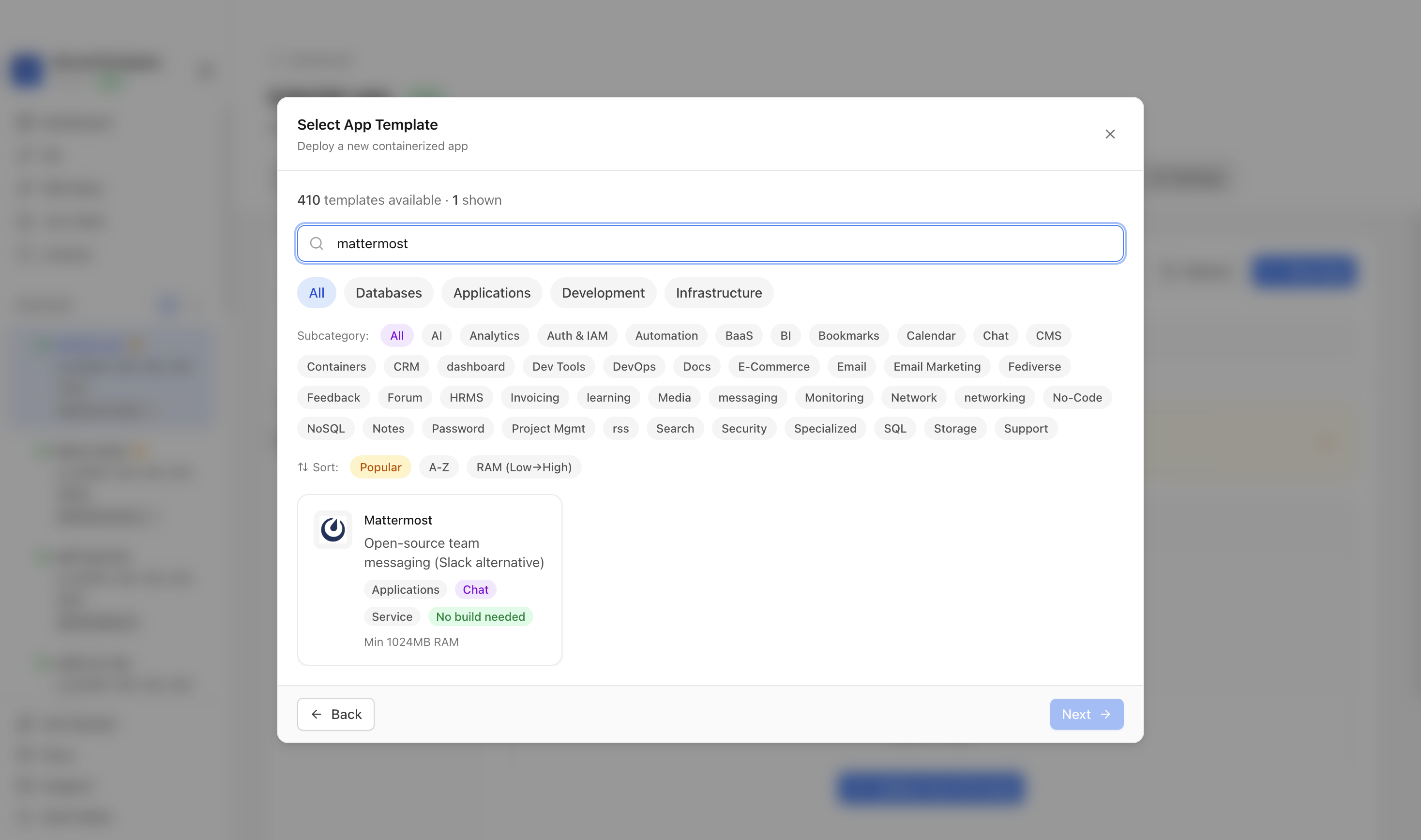 Searching for Mattermost in the Server Compass template picker