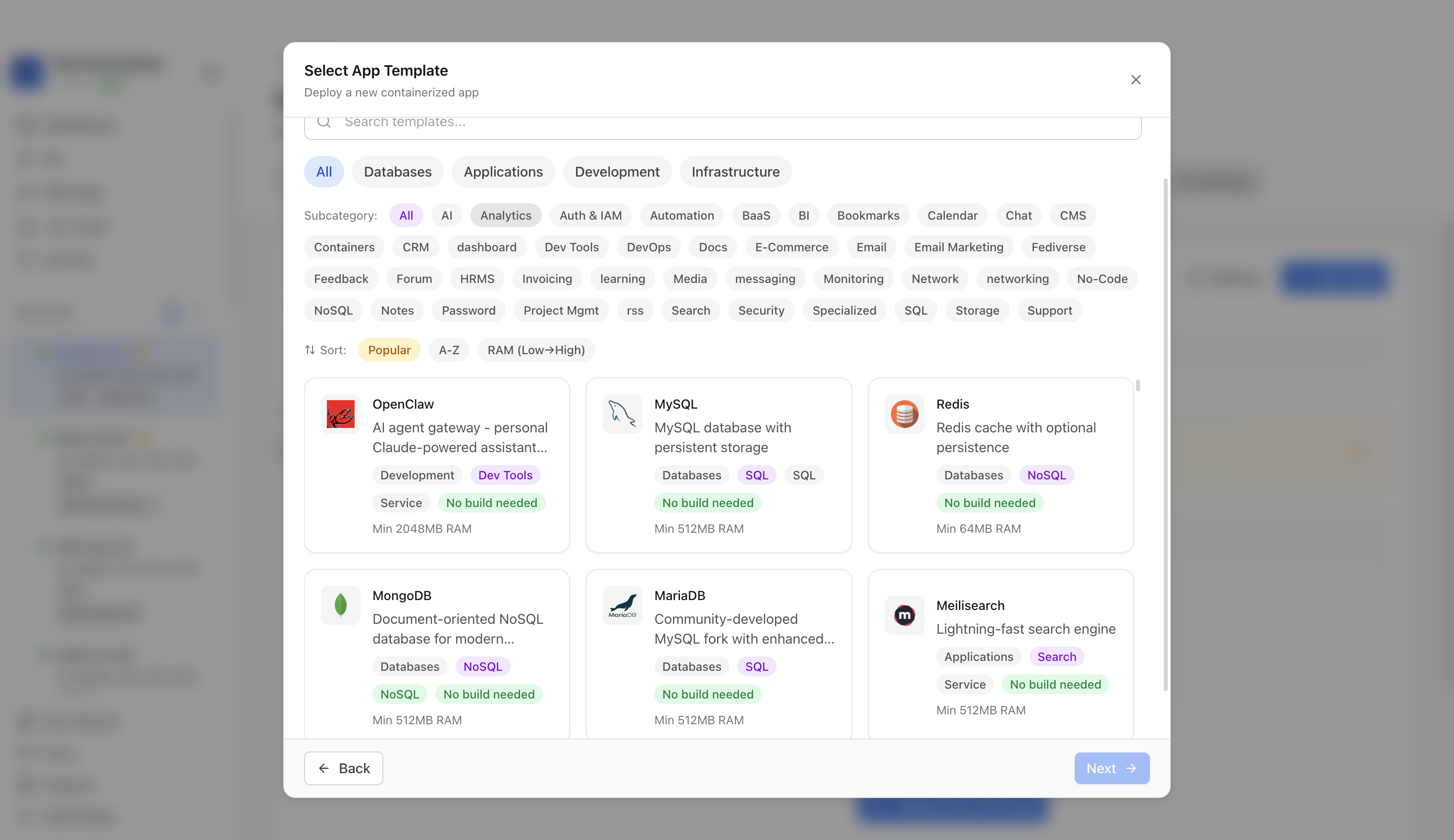 Choosing to deploy an app from a Server Compass template