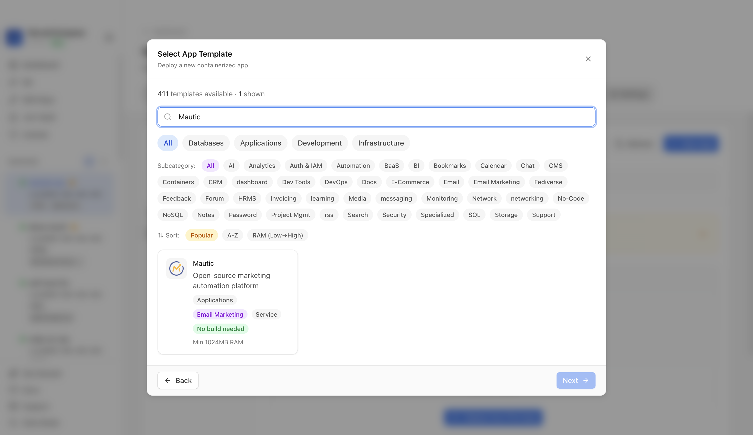Searching for Mautic in the Server Compass template picker