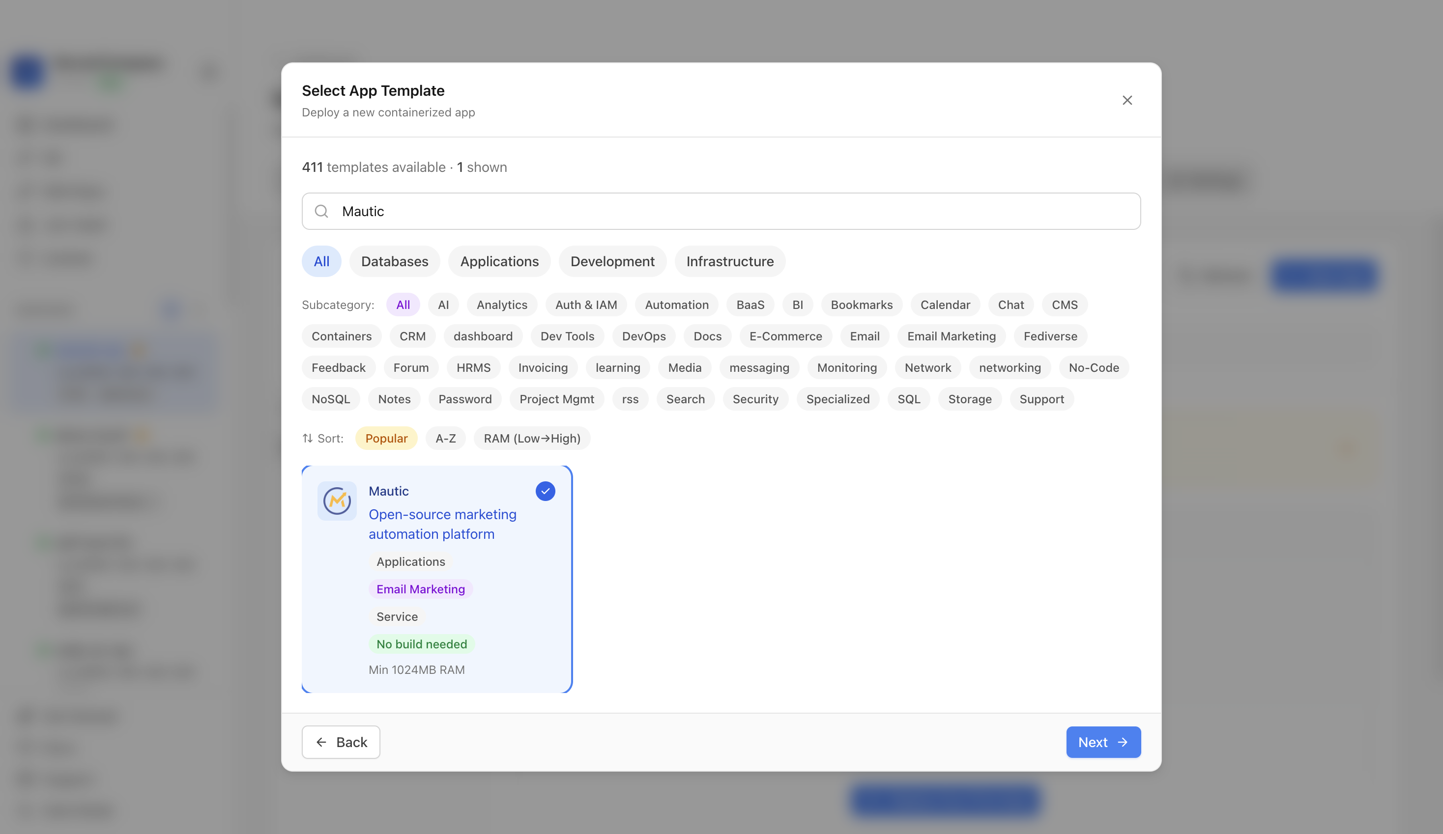 Mautic template selected in Server Compass
