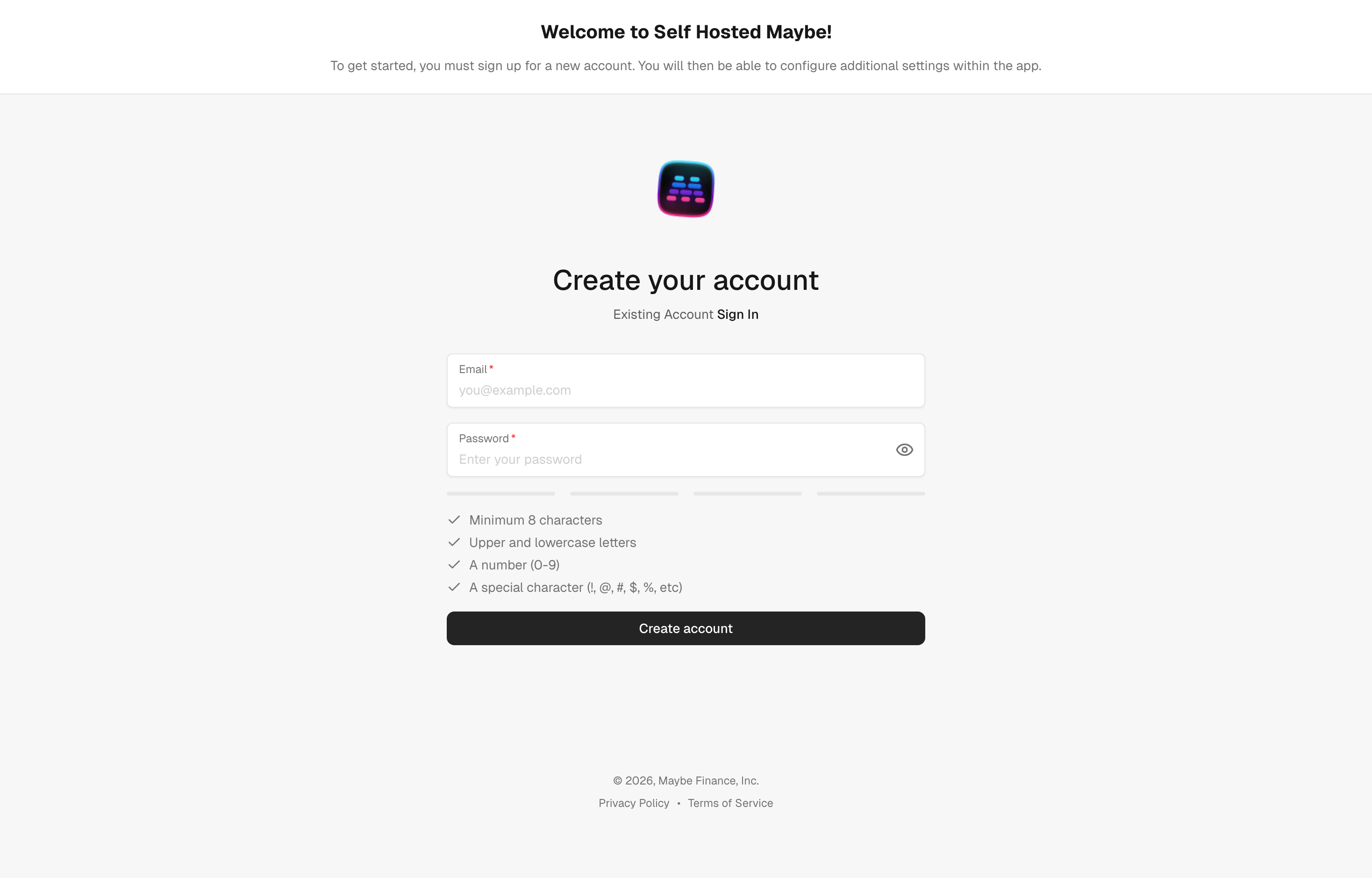 The deployed Maybe web UI loaded in a browser