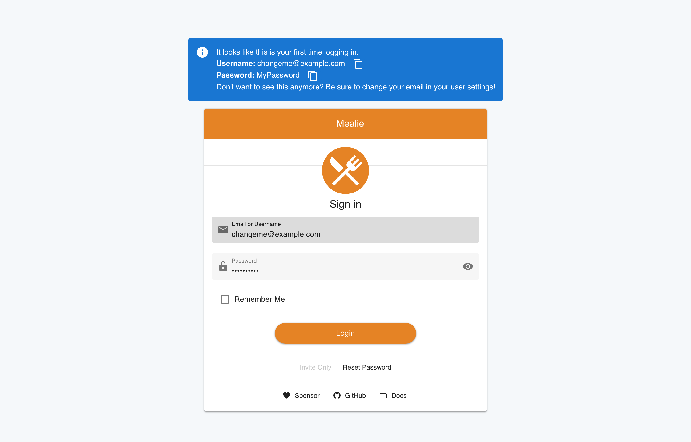 The deployed Mealie web UI loaded in a browser