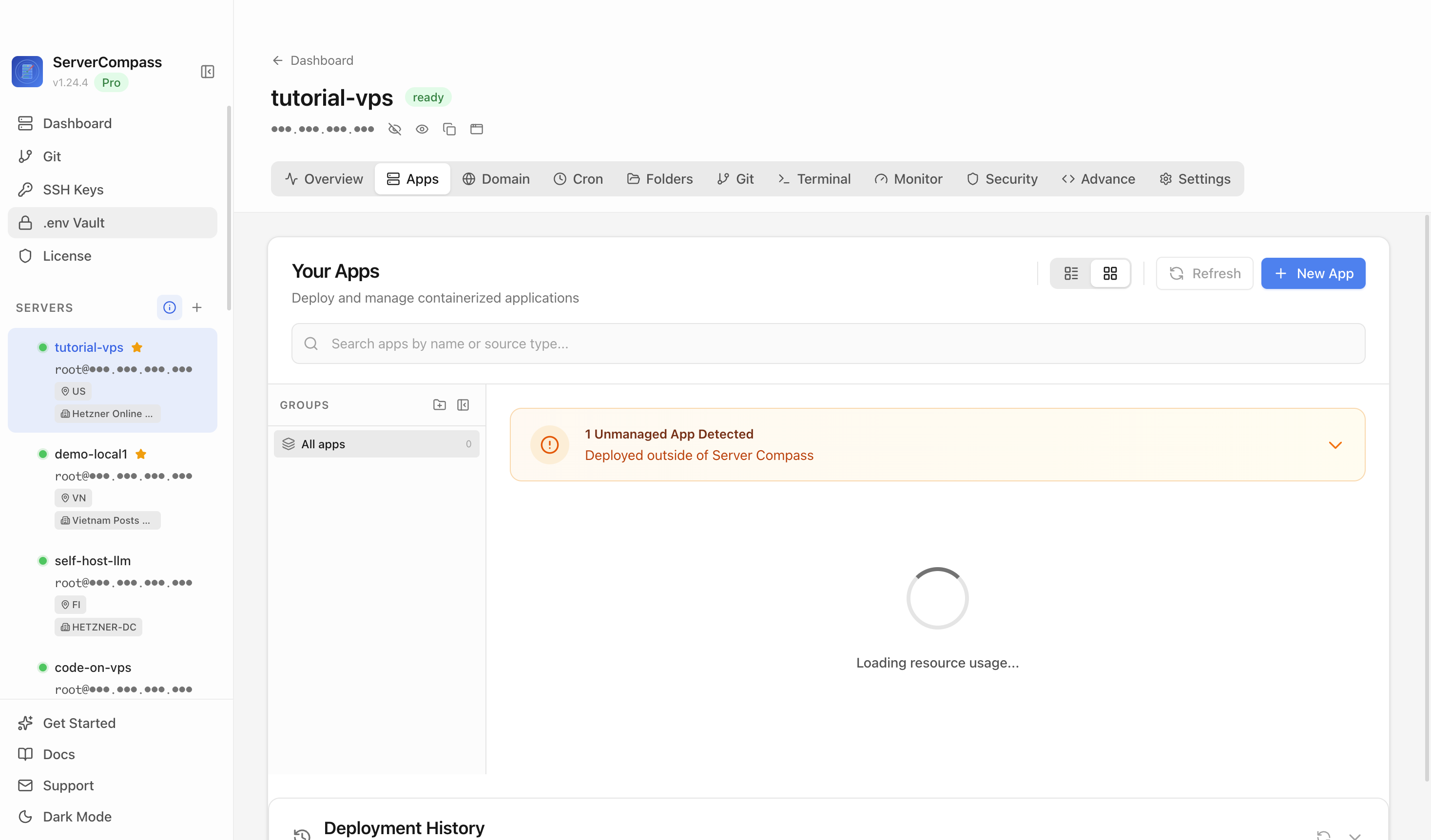 Server Compass Apps tab before creating a MediaCMS app