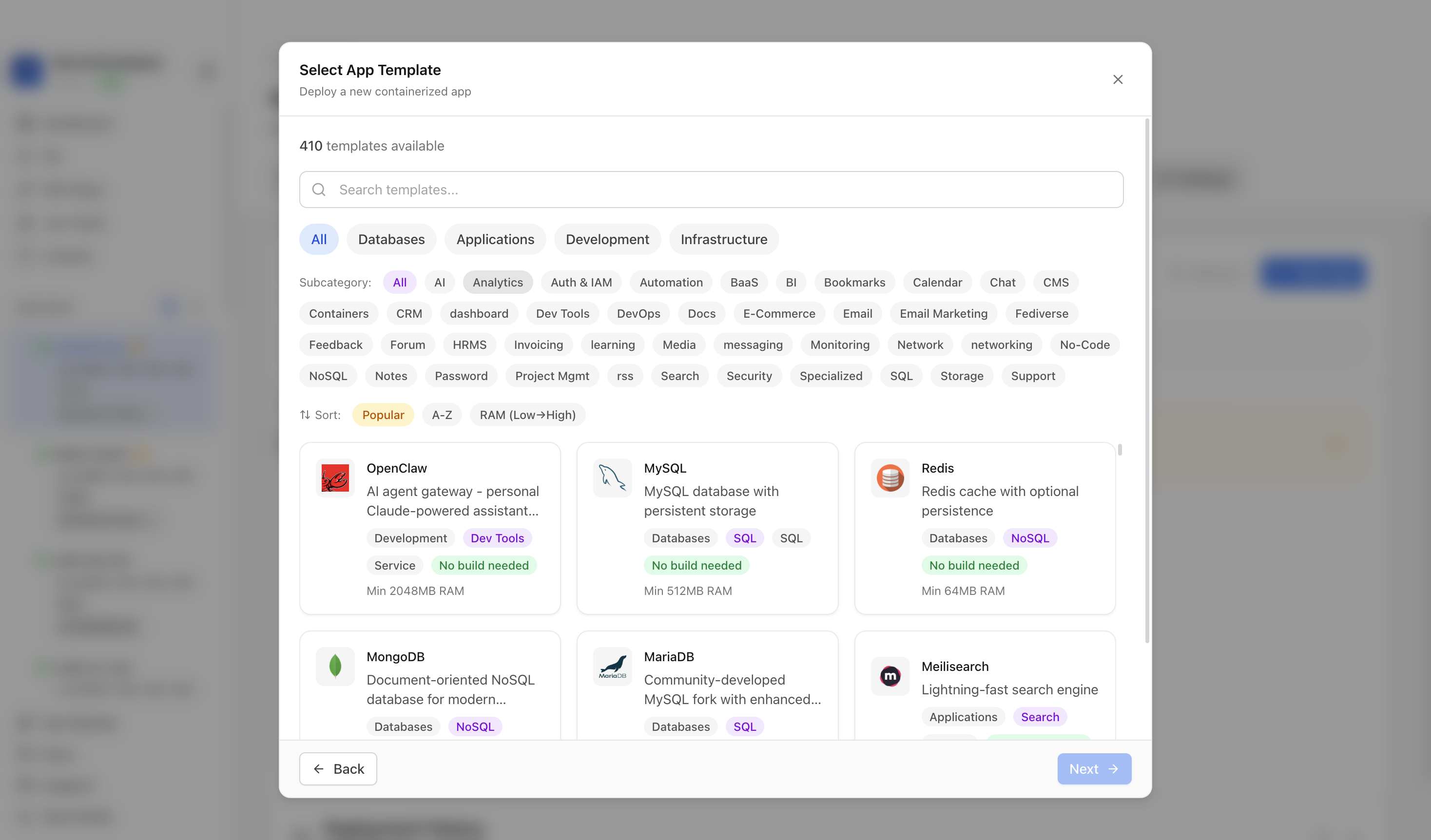 Choosing to deploy an app from a Server Compass template