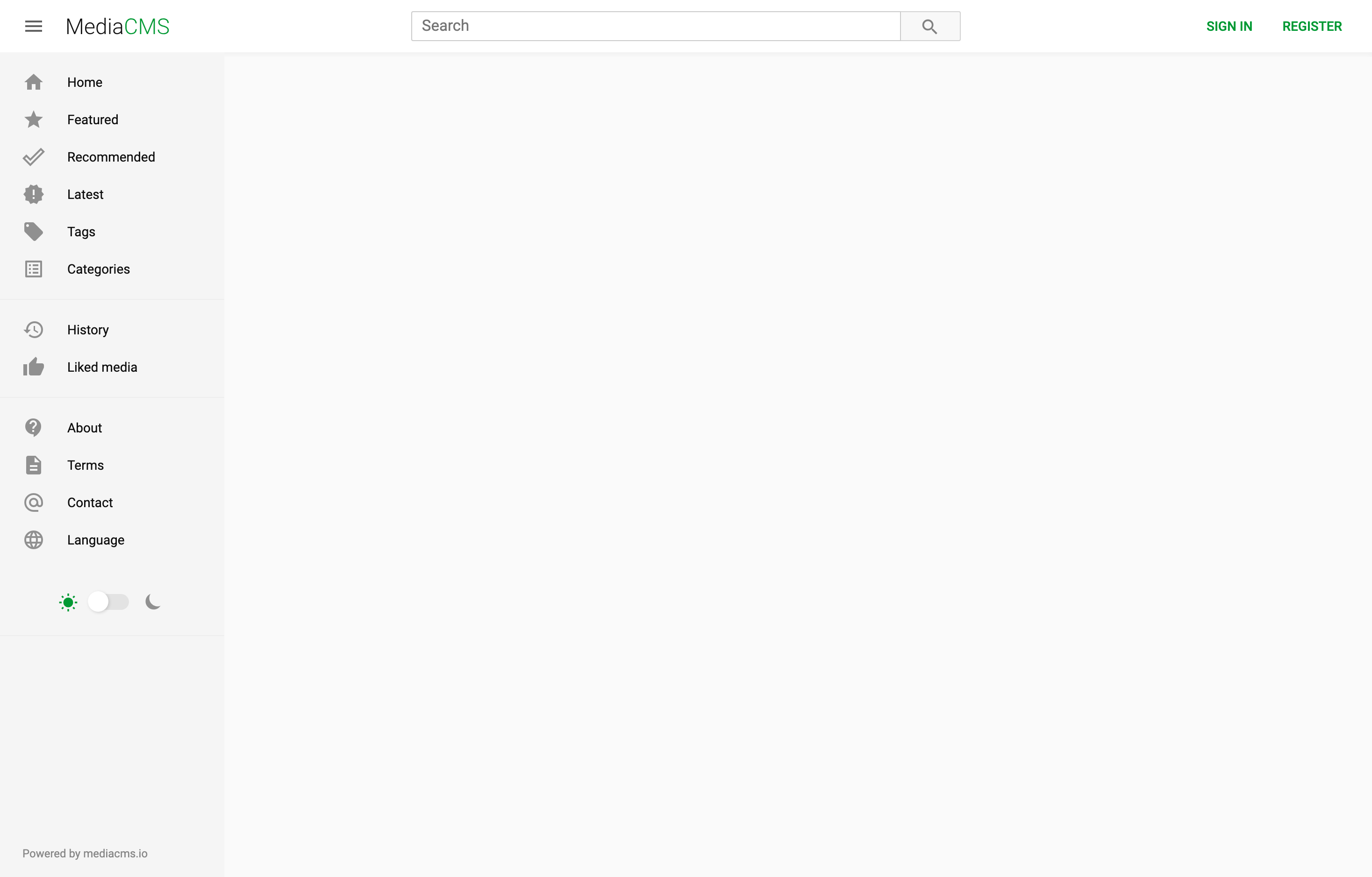 The deployed MediaCMS web UI loaded in a browser