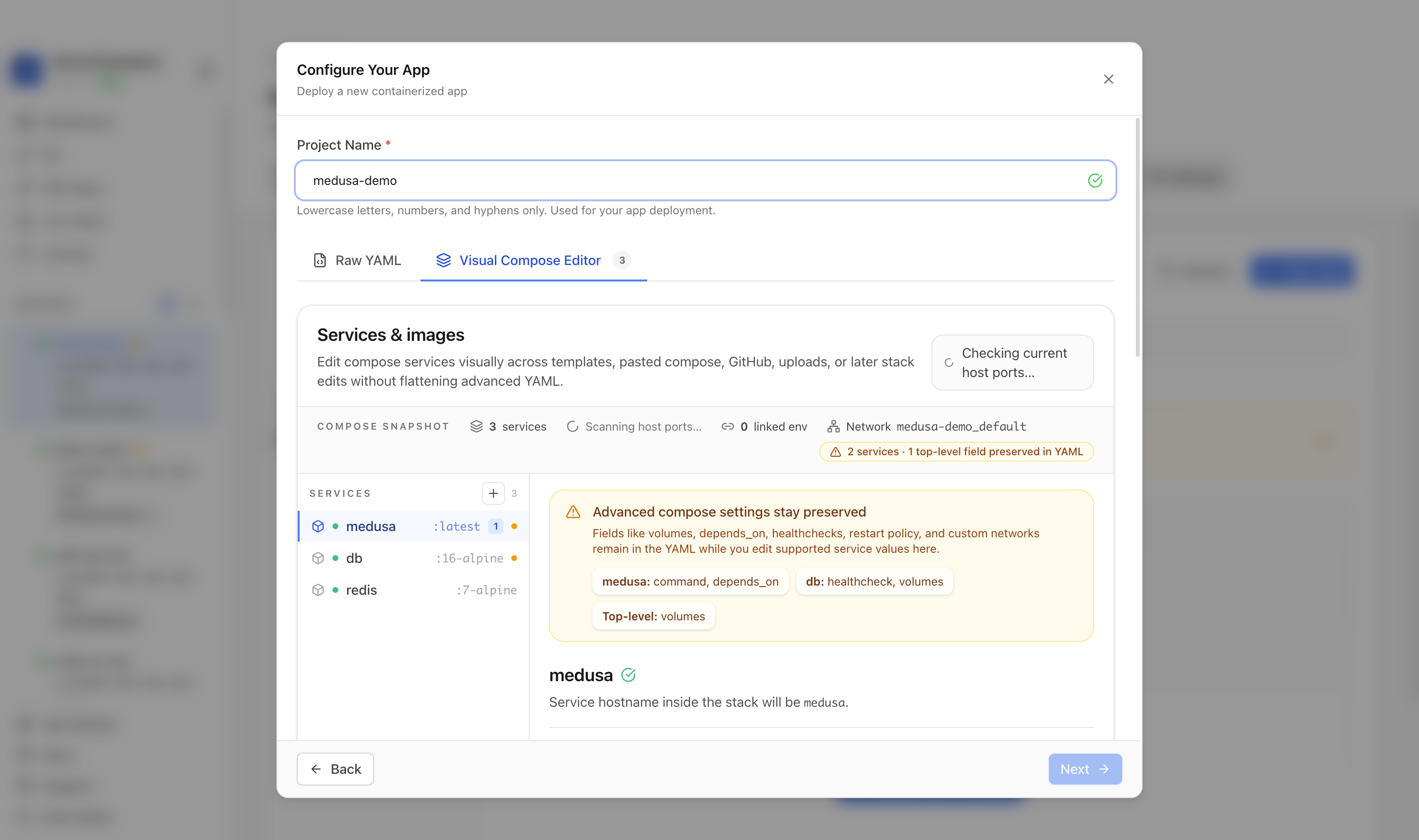 Reviewing Medusa project settings and compose services