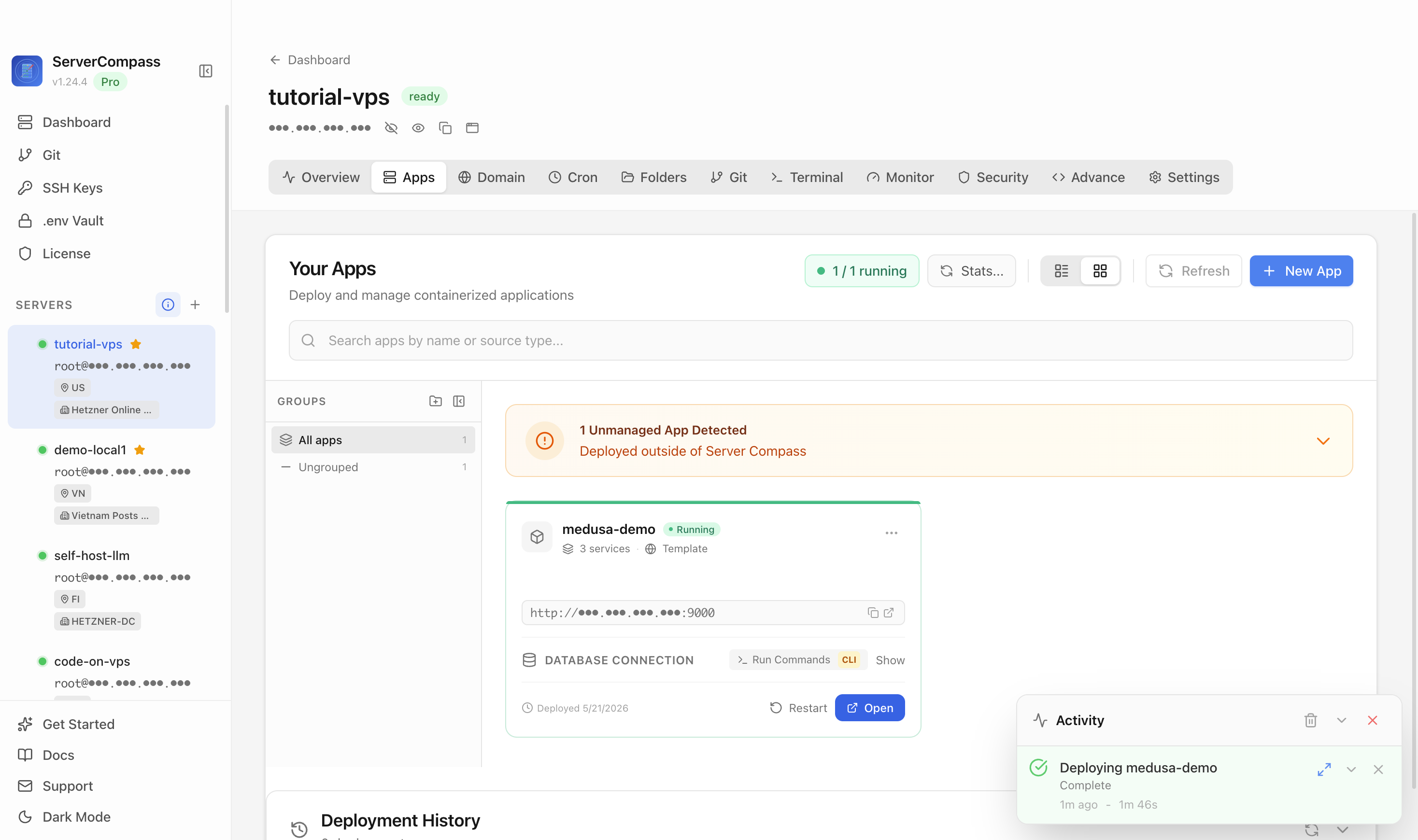 Medusa template running in the Server Compass Apps tab