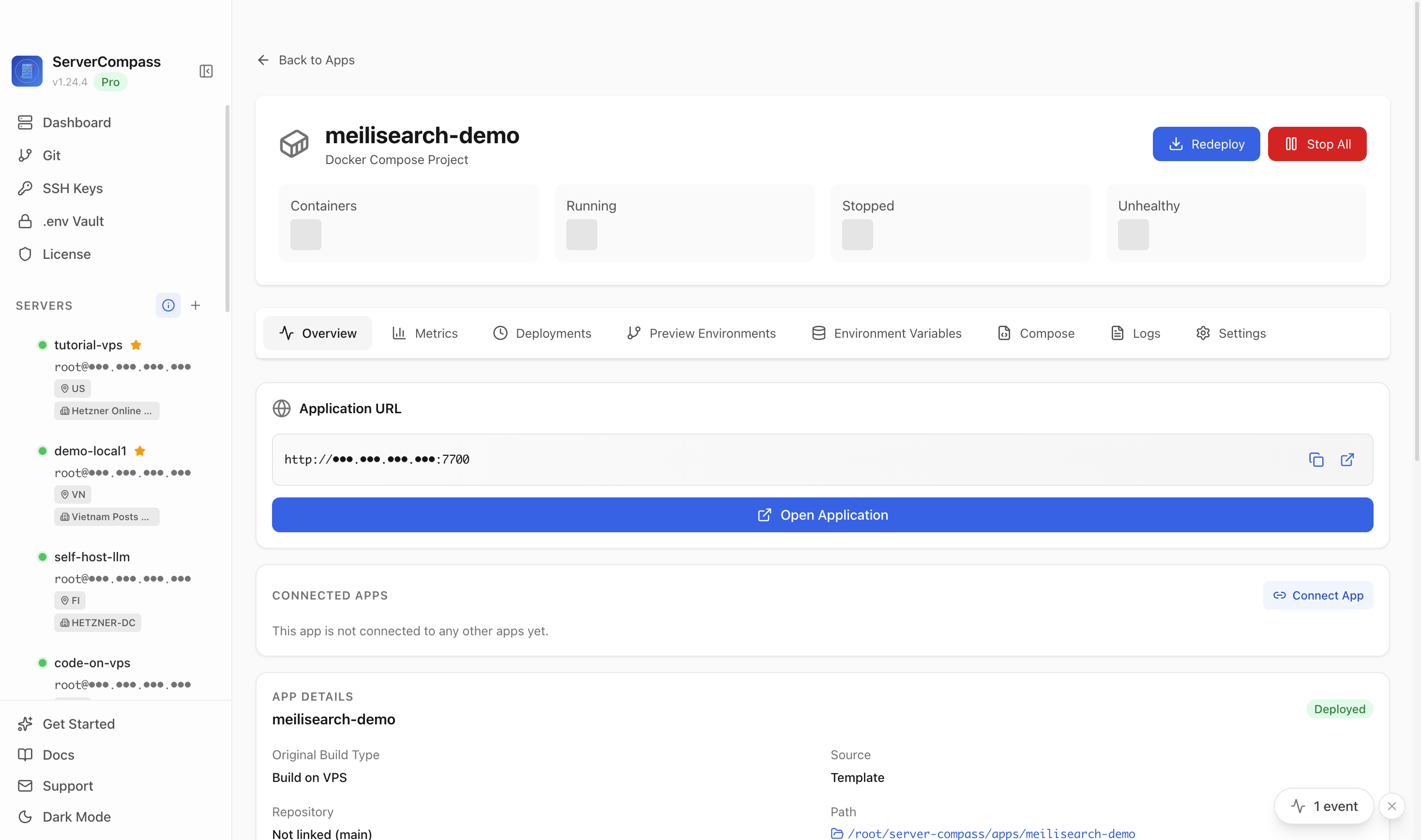 Meilisearch app detail screen after verifying the deployed database container