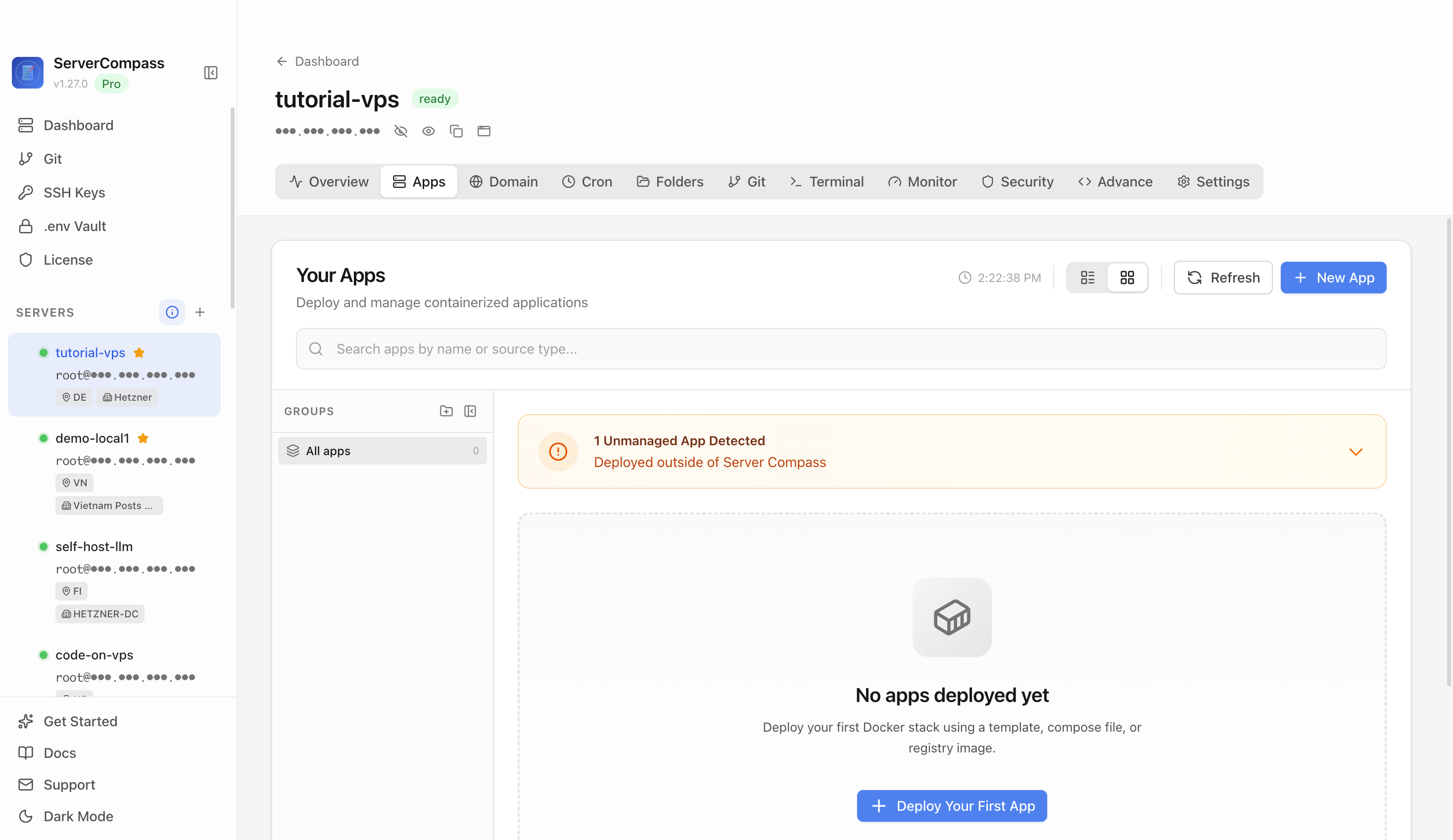Server Compass Apps tab before creating a Metabase app
