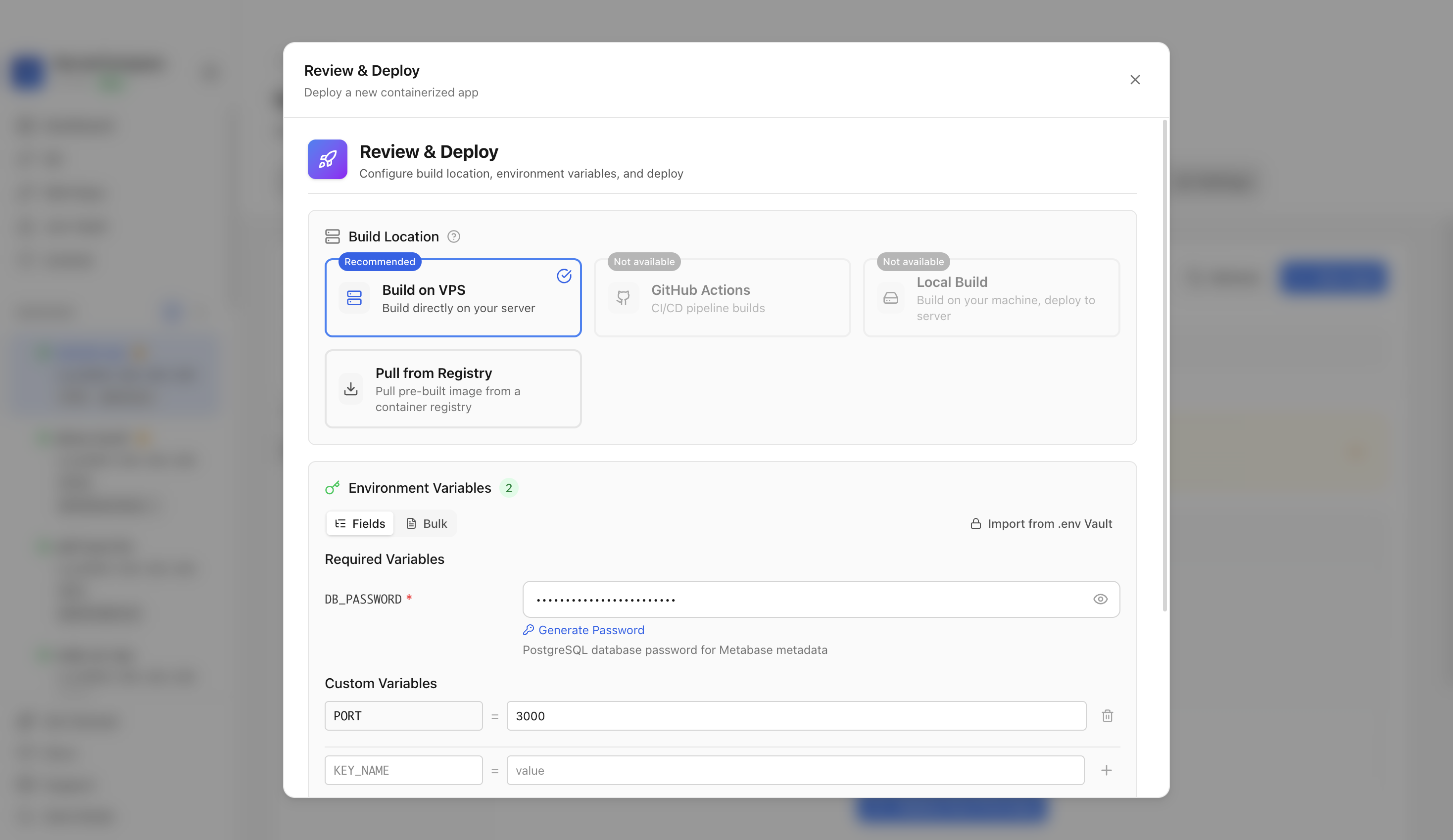 Reviewing Metabase environment variables and port before deployment