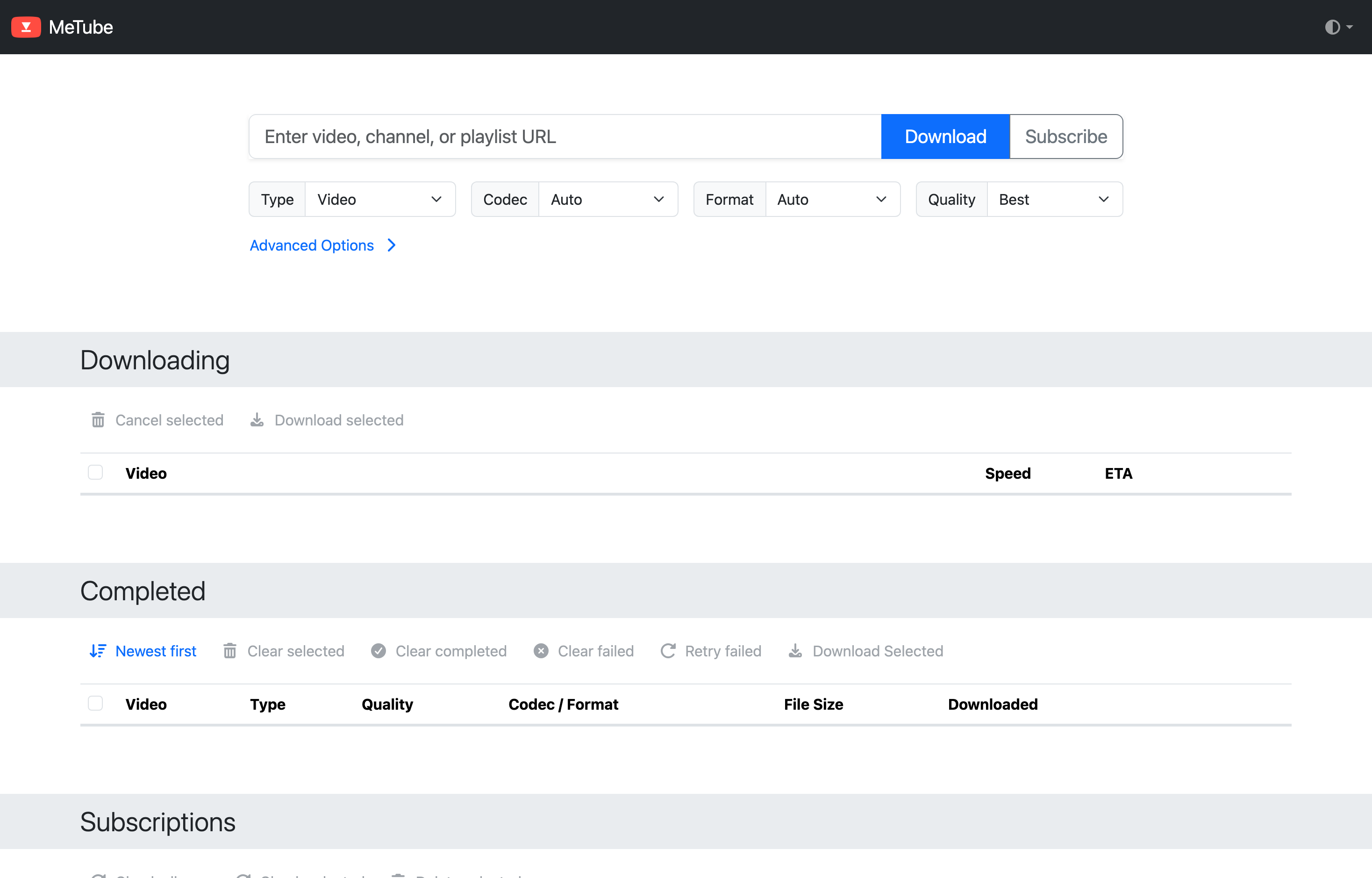 The deployed MeTube web UI loaded in a browser