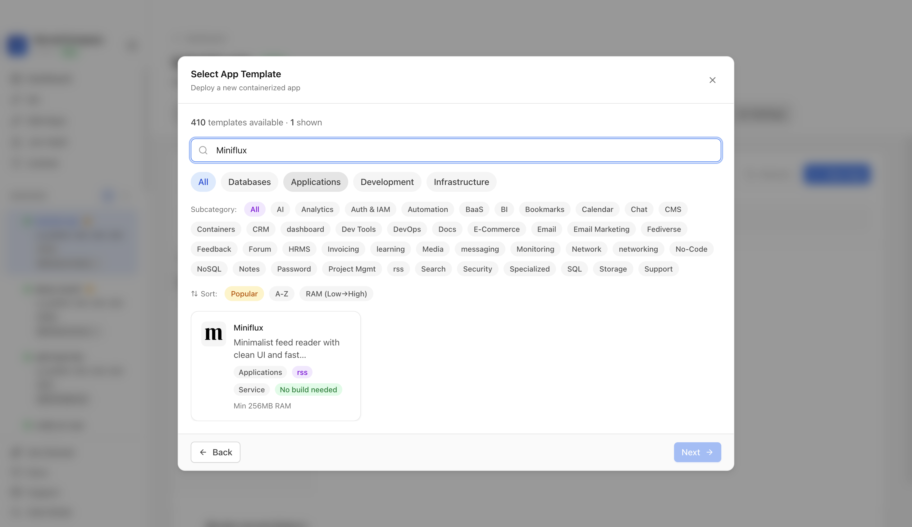 Searching for Miniflux in the Server Compass template picker