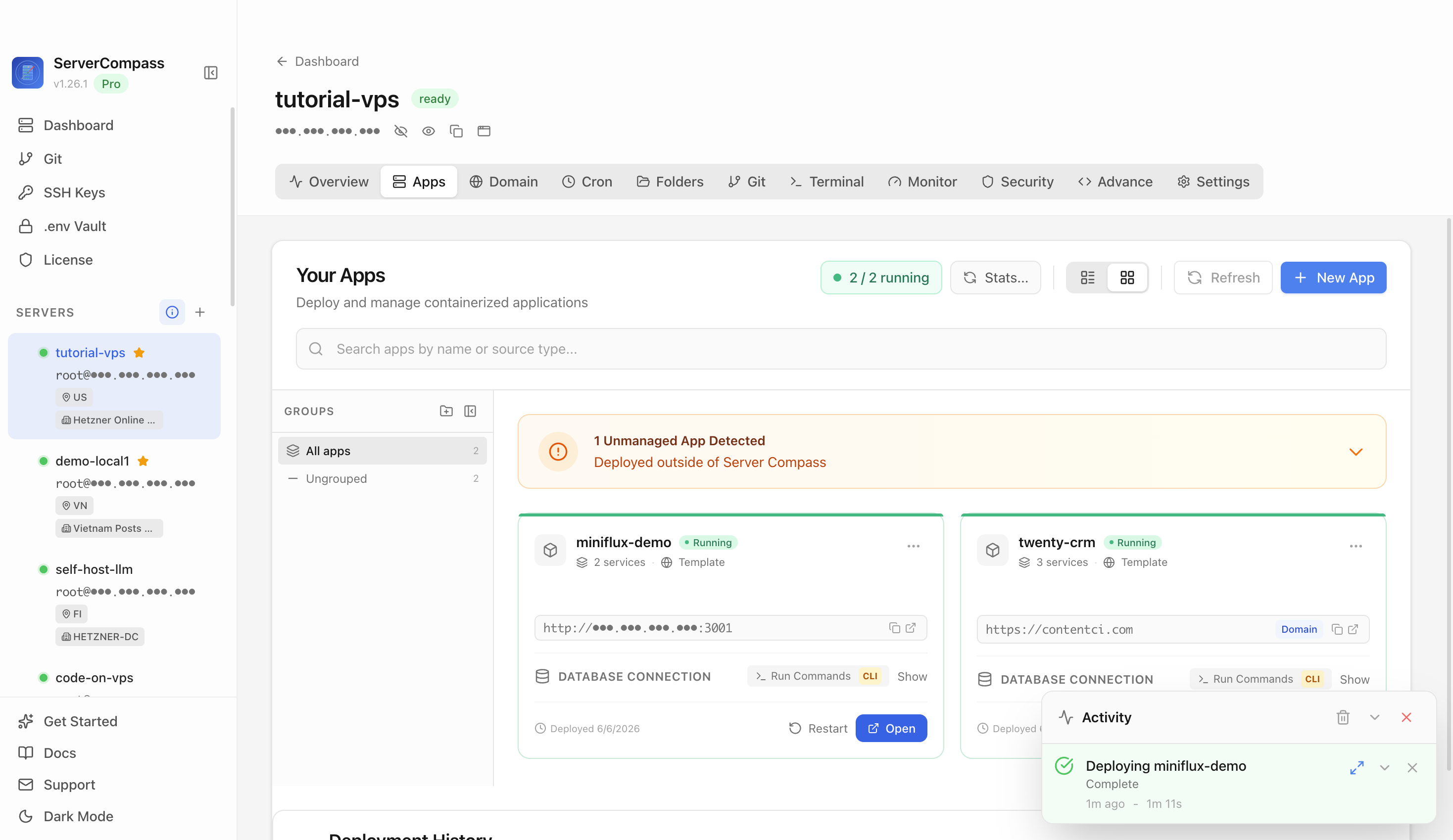 Miniflux template running in the Server Compass Apps tab
