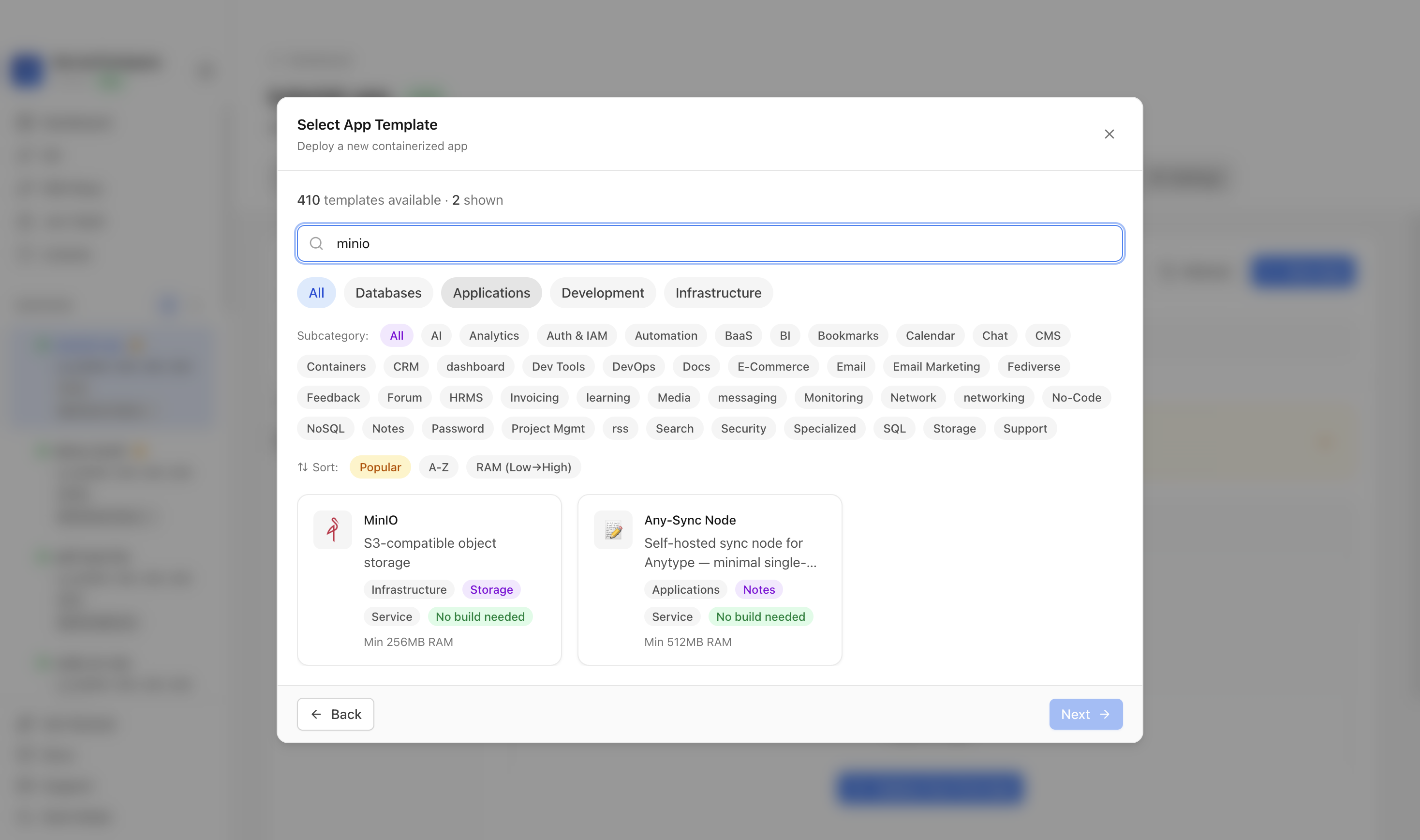 Searching for MinIO in the Server Compass template picker