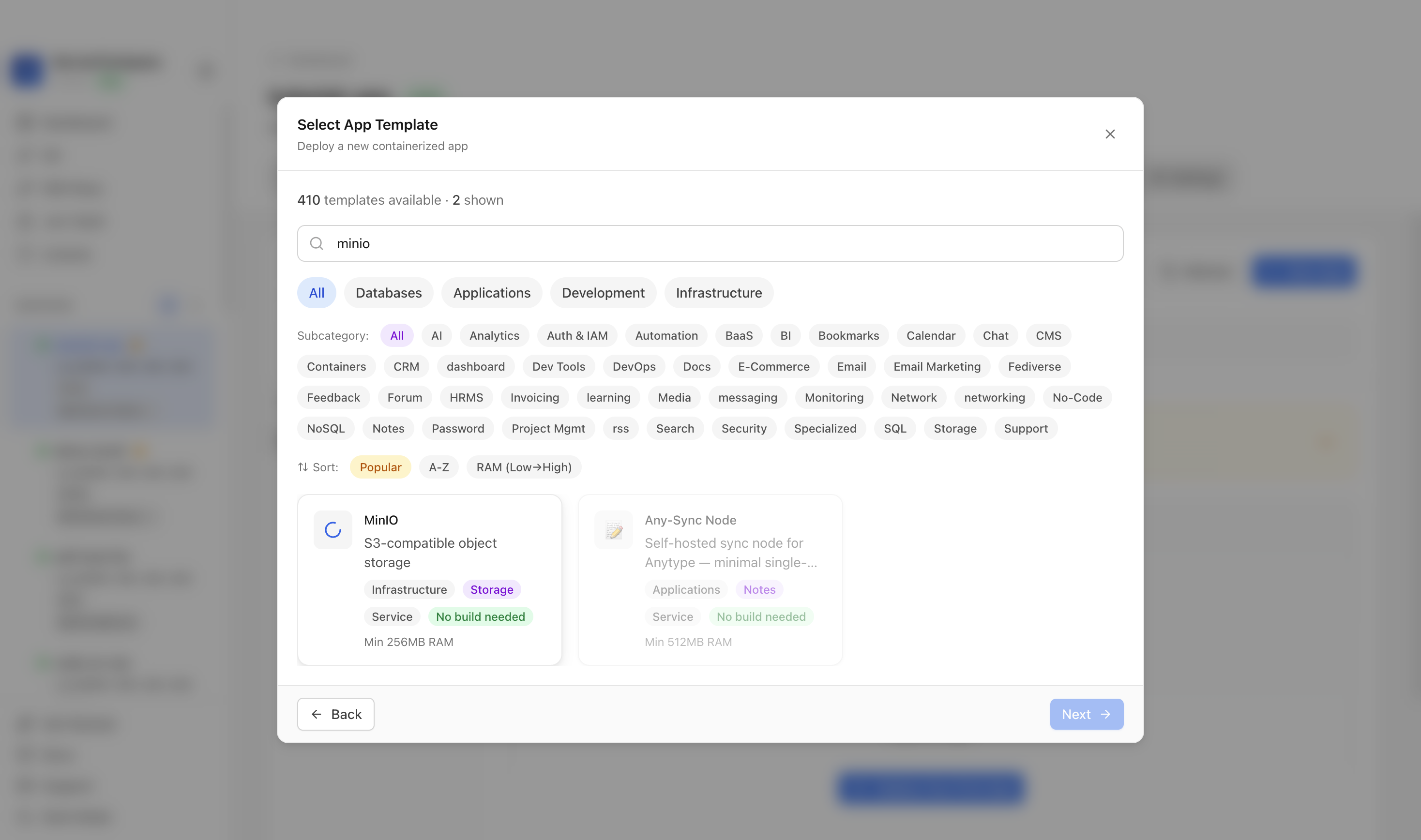 MinIO template selected in Server Compass