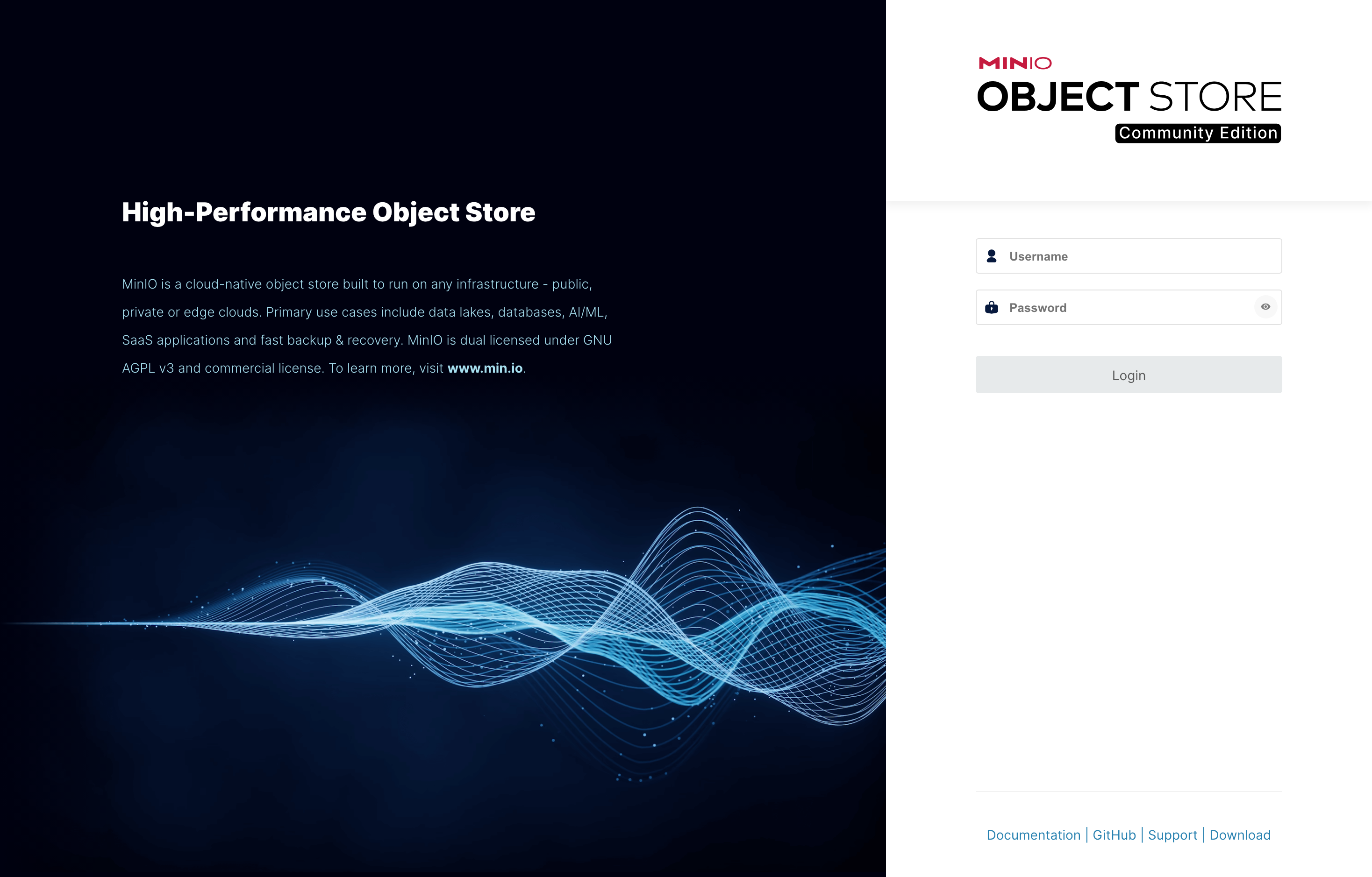 The deployed MinIO Console login screen loaded in a browser