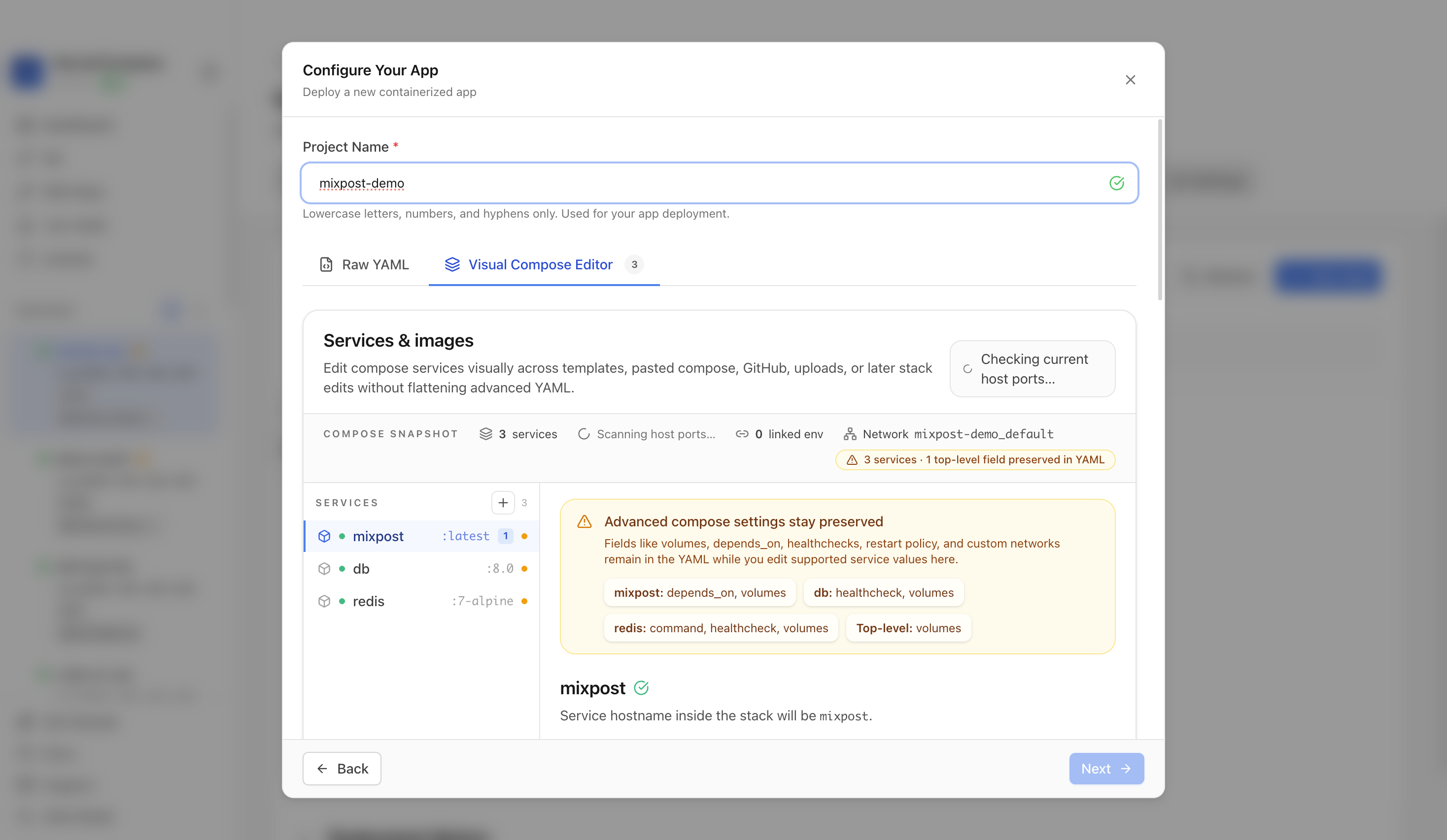 Reviewing Mixpost project settings and compose service