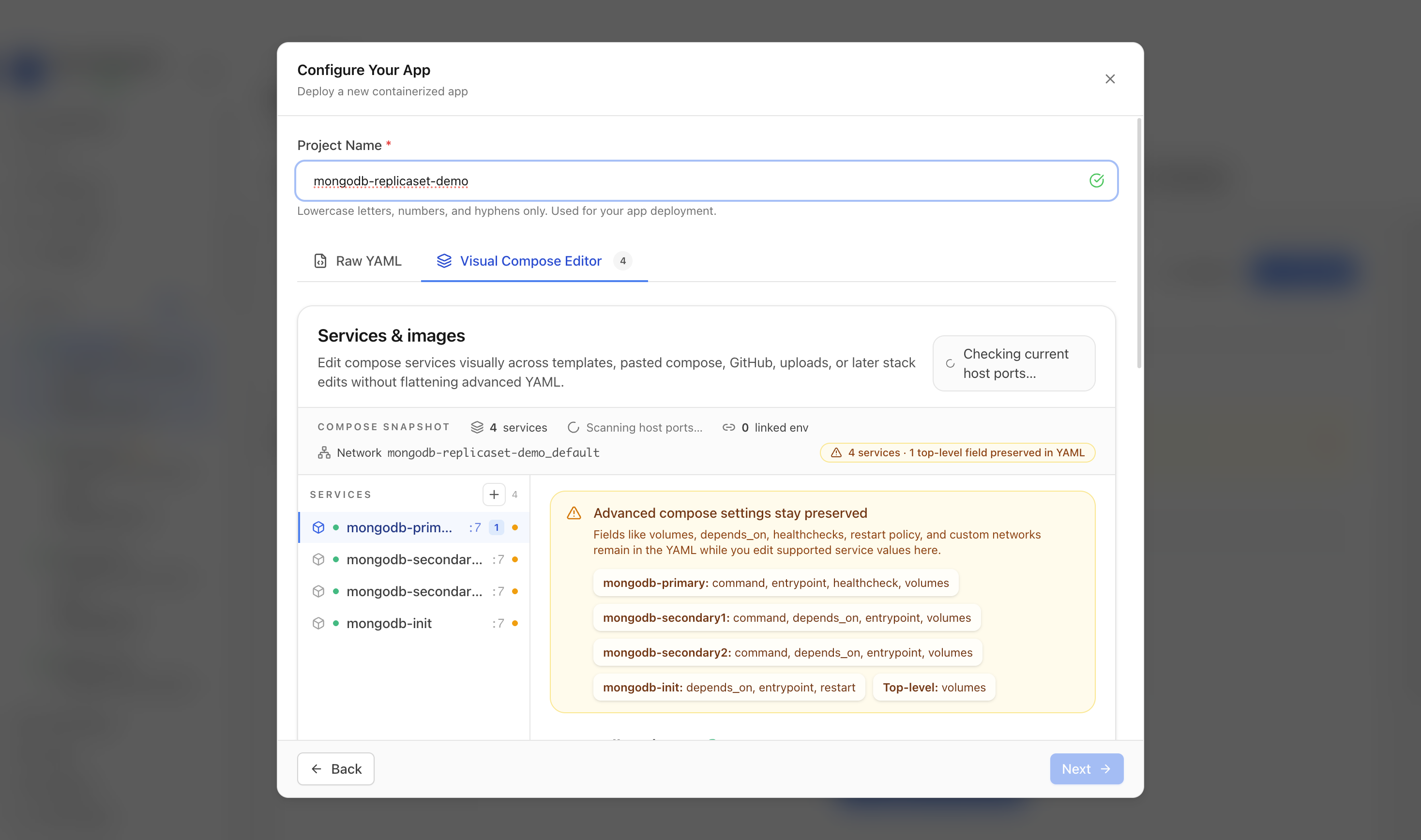 Reviewing MongoDB Replica Set project settings and compose services
