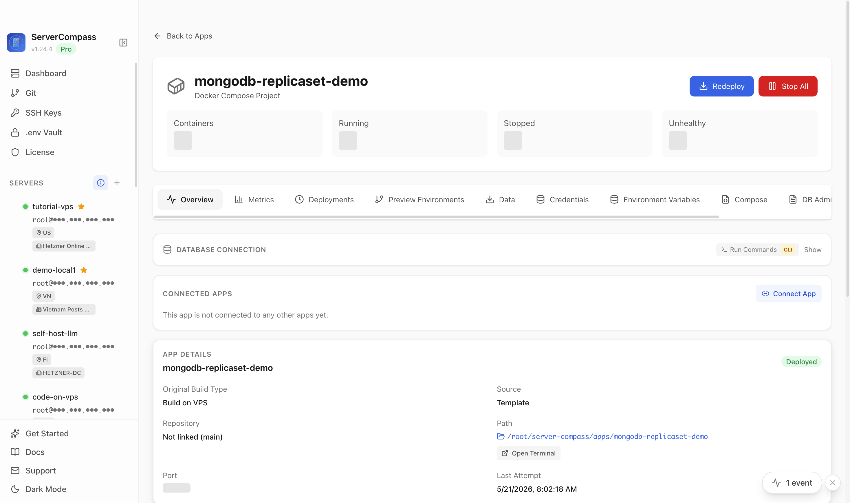 MongoDB Replica Set app detail screen after verifying the deployed database container