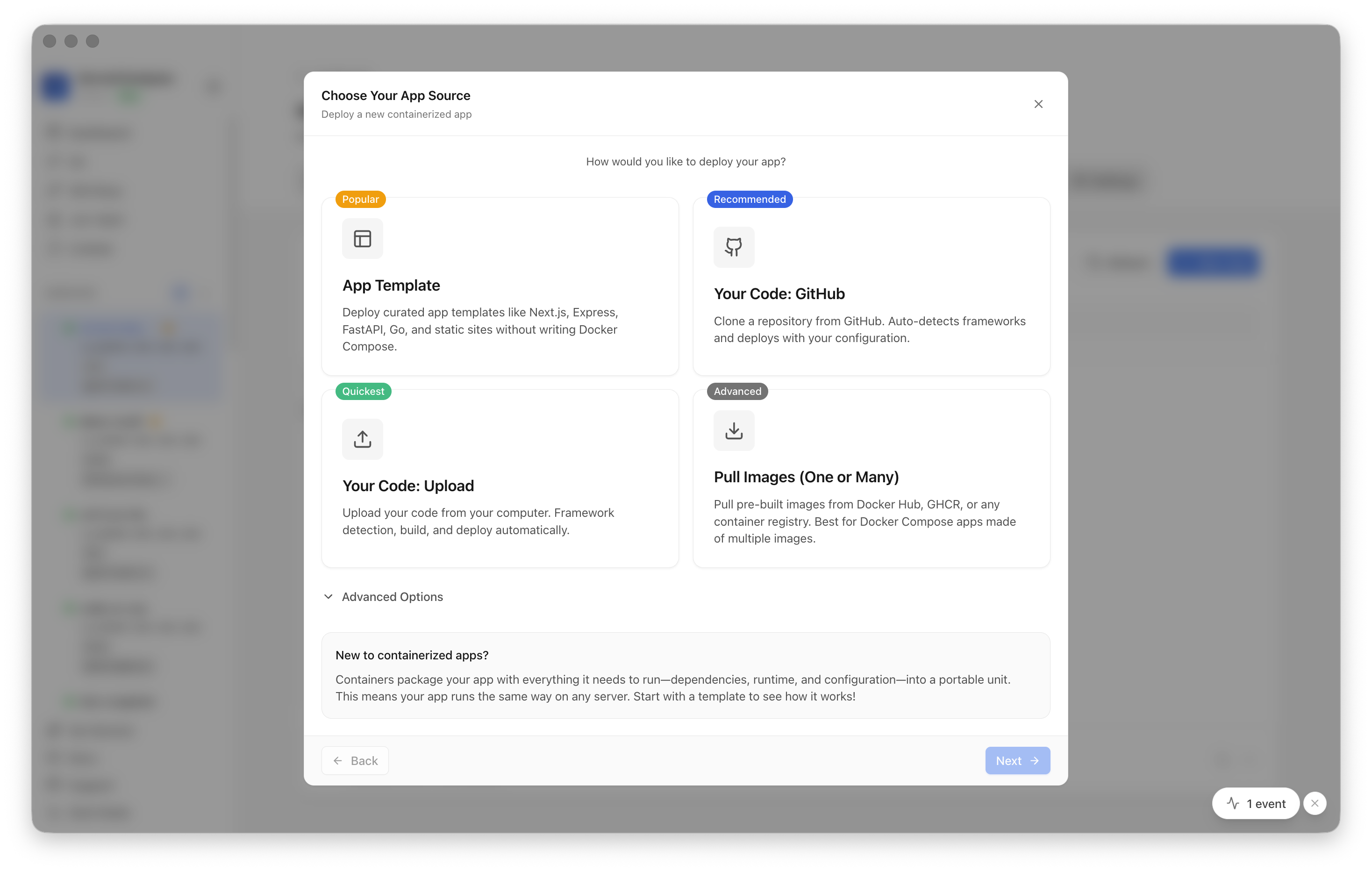 Choosing to deploy an app from a Server Compass template