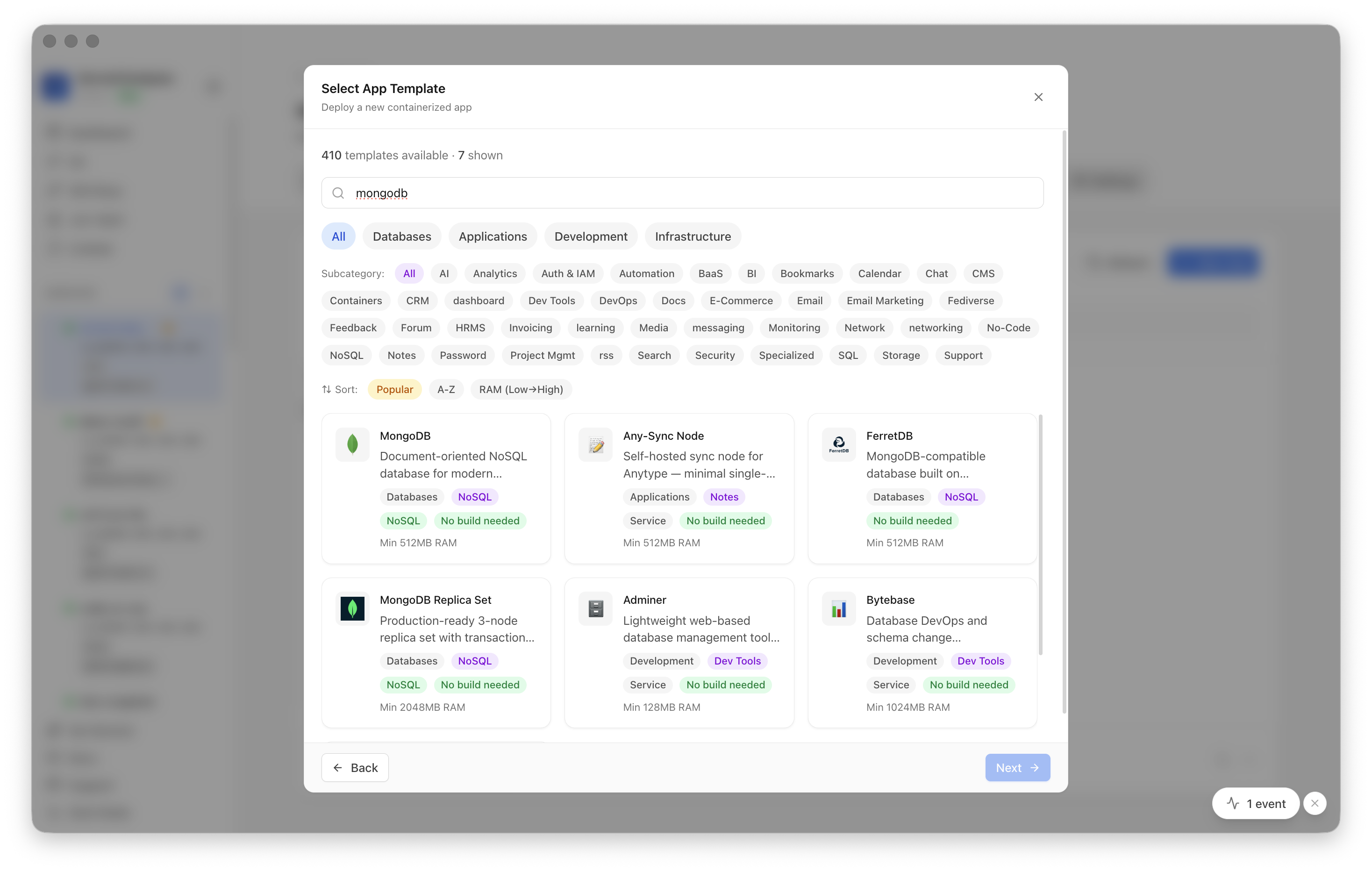 Searching for MongoDB in the Server Compass template picker